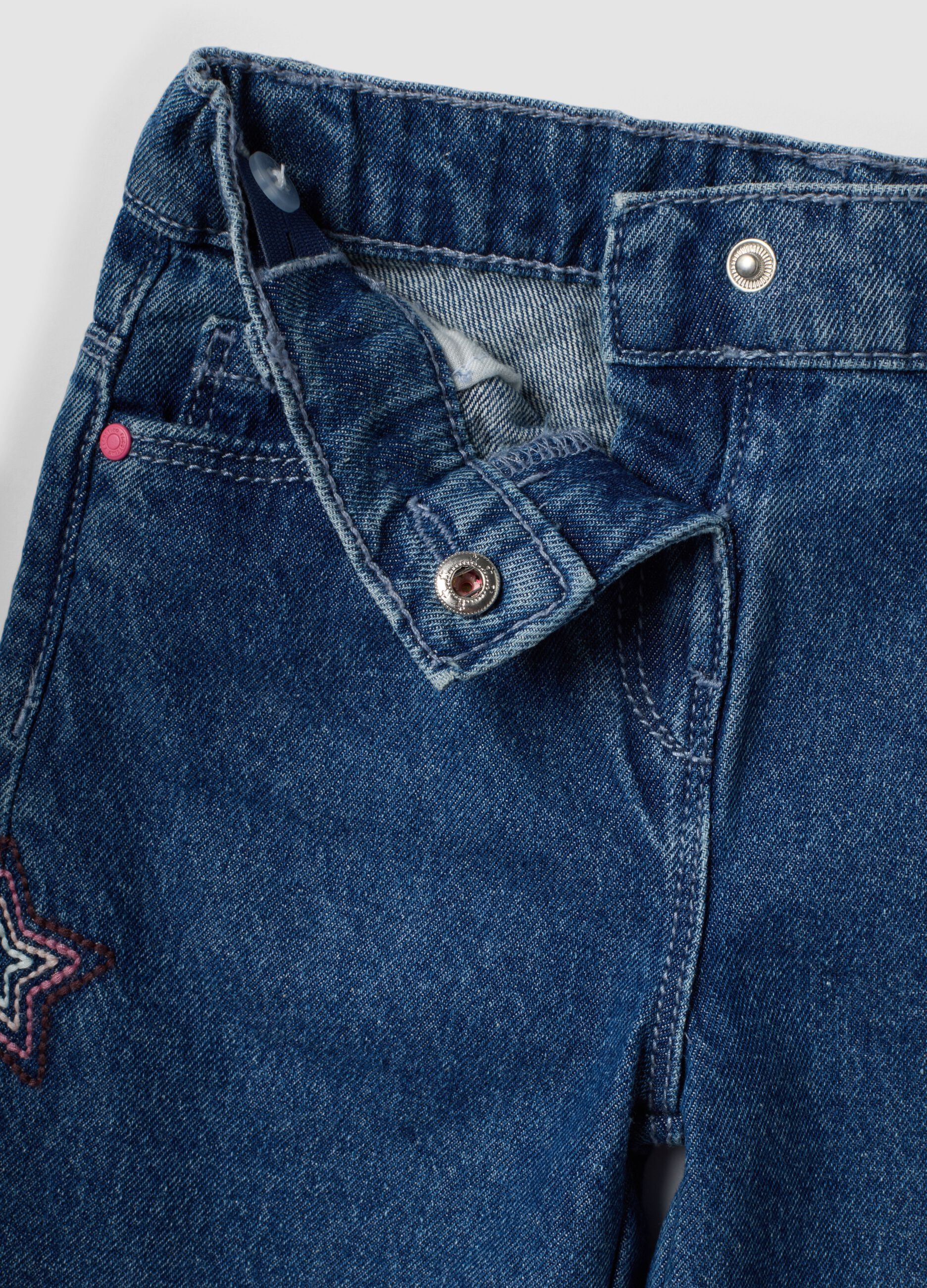 Blue wide-leg pure cotton jeans with embroidered stars for baby girl