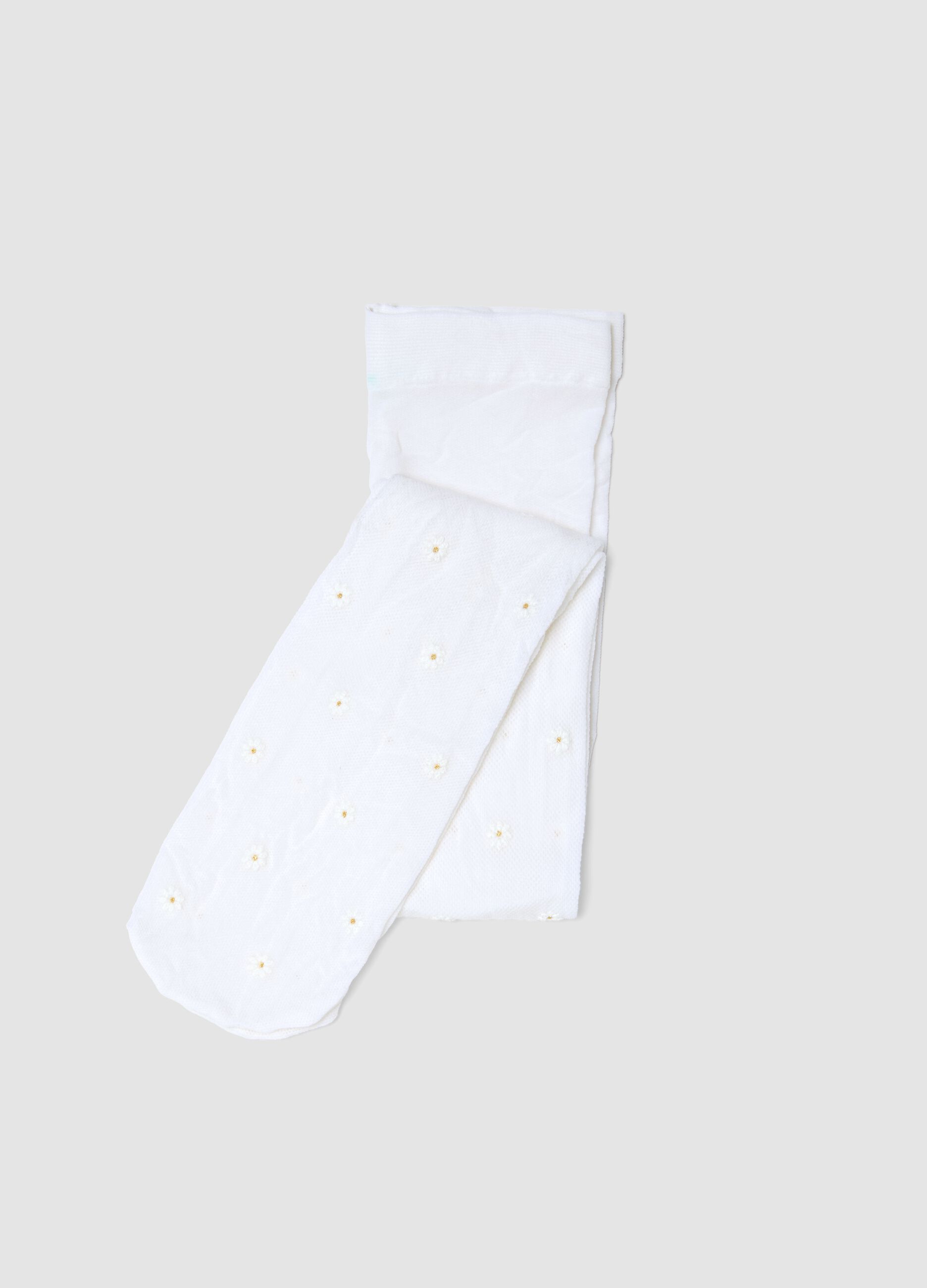 Comfortable white stretchy girl's tights with daisies