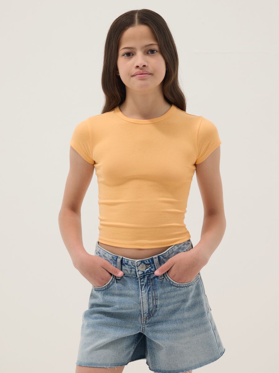 T-shirt fitted in cotone elasticizzato arancione da ragazza_0