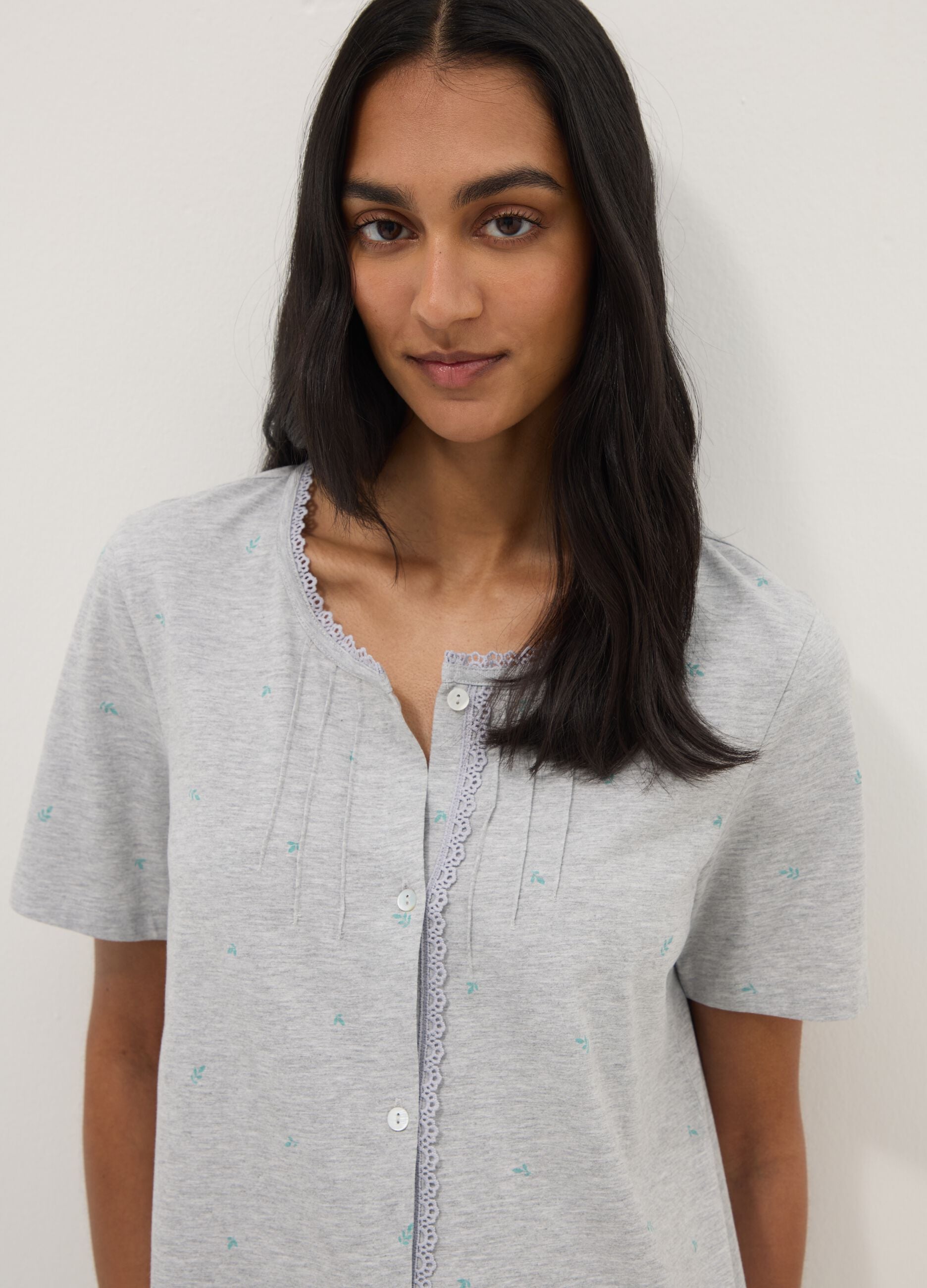 Grey organic cotton blend nightdress with buttons and embroidery
