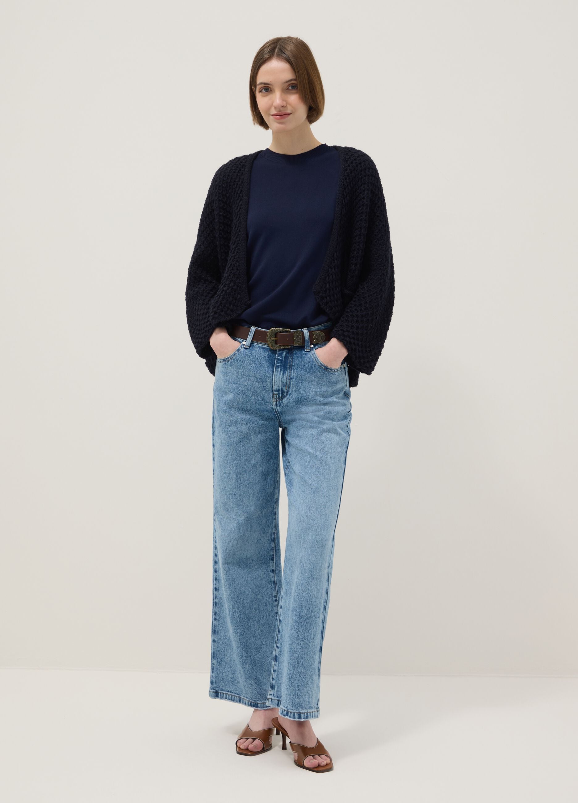 Regular fit blue woven knit cardigan