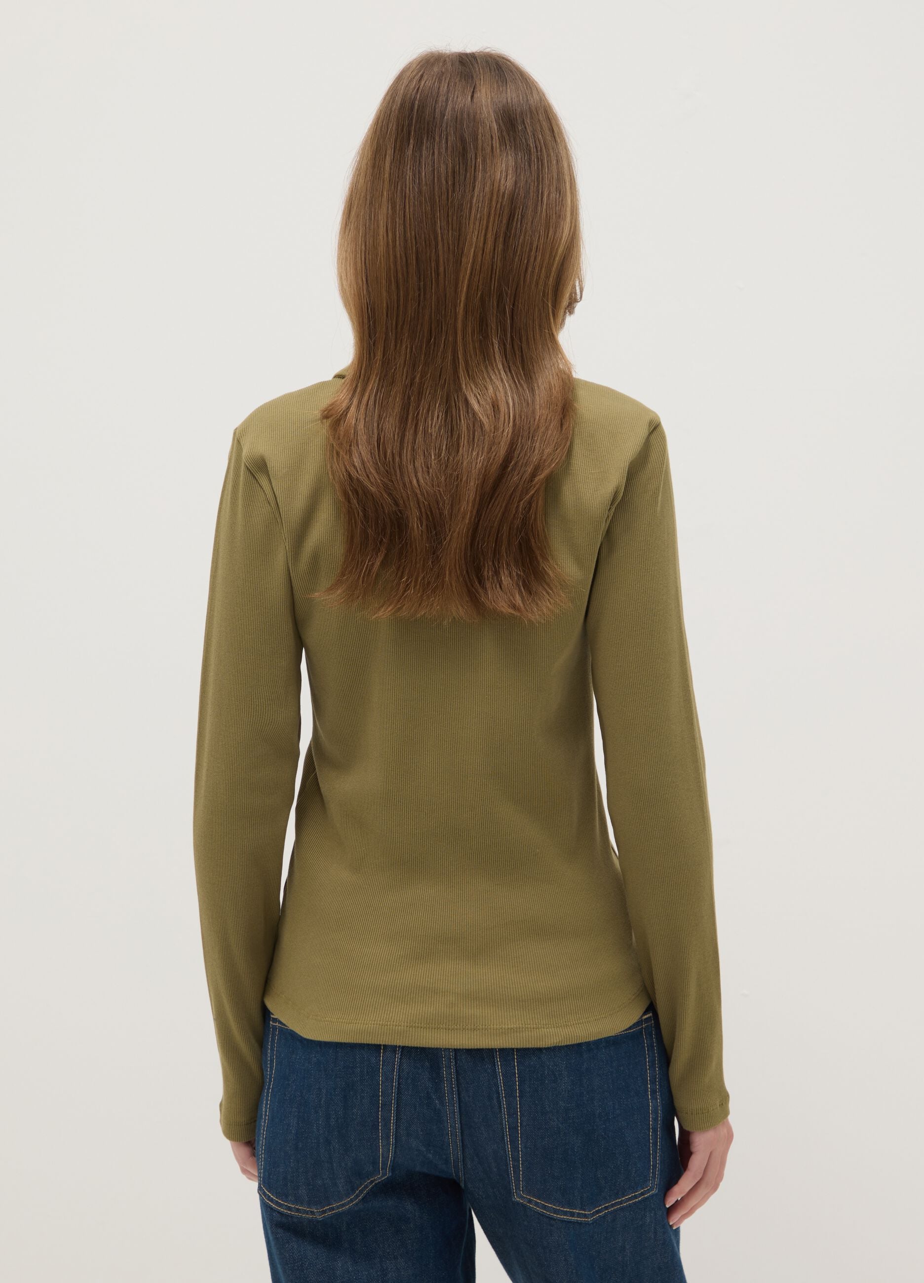 Green long-sleeve polo with V-neck in pure cotton regular fit