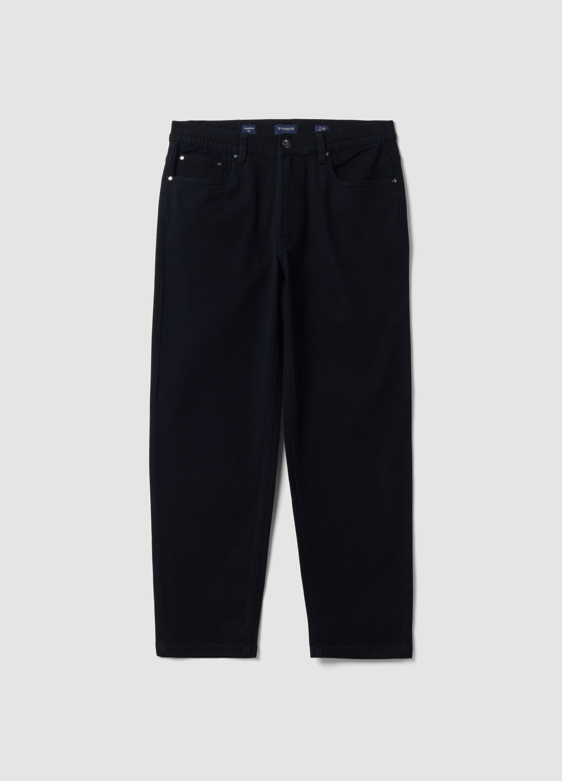 Black straight-leg trousers in stretch cotton twill