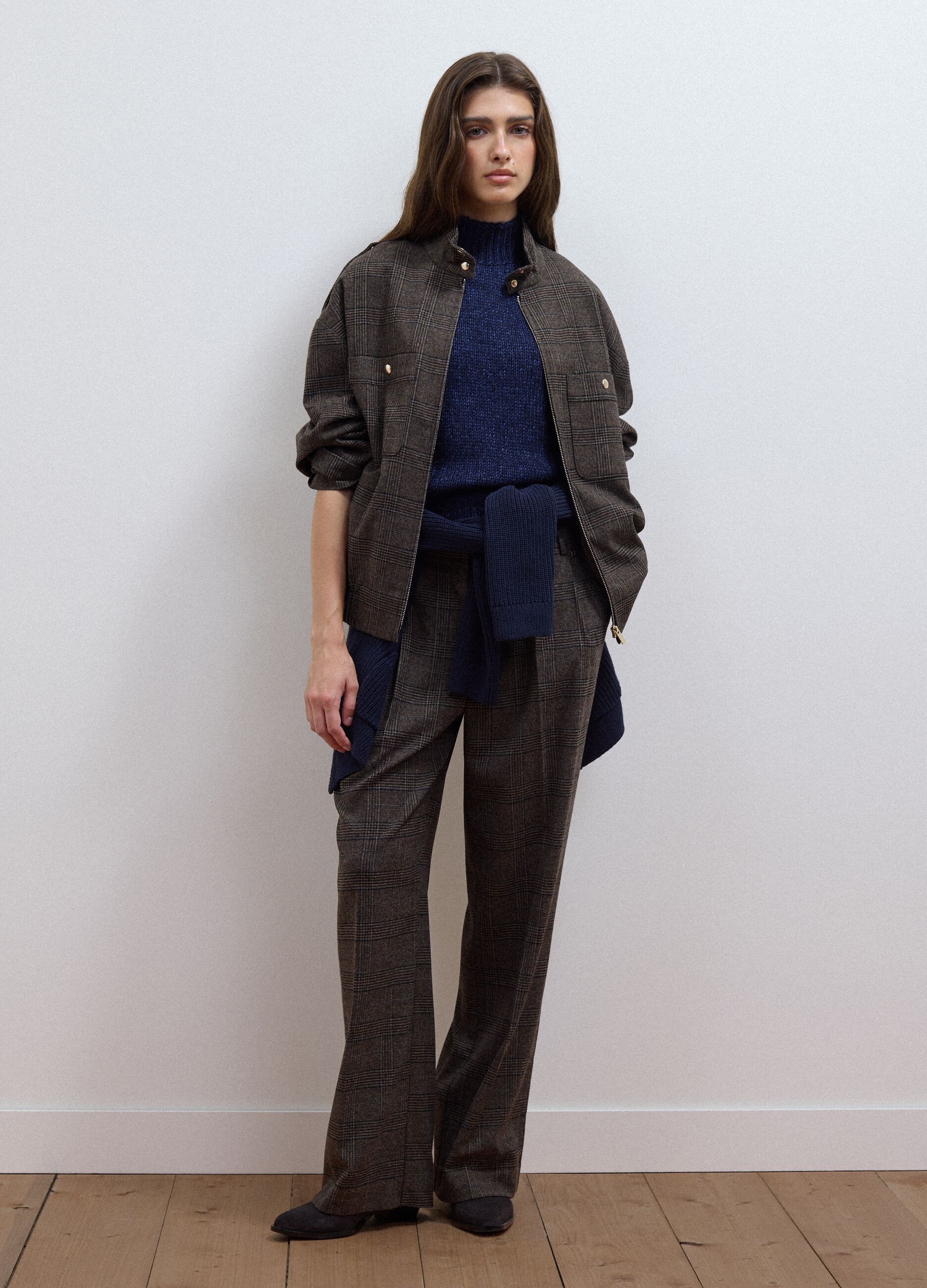 Brown wide-leg checked stretch-viscose trousers