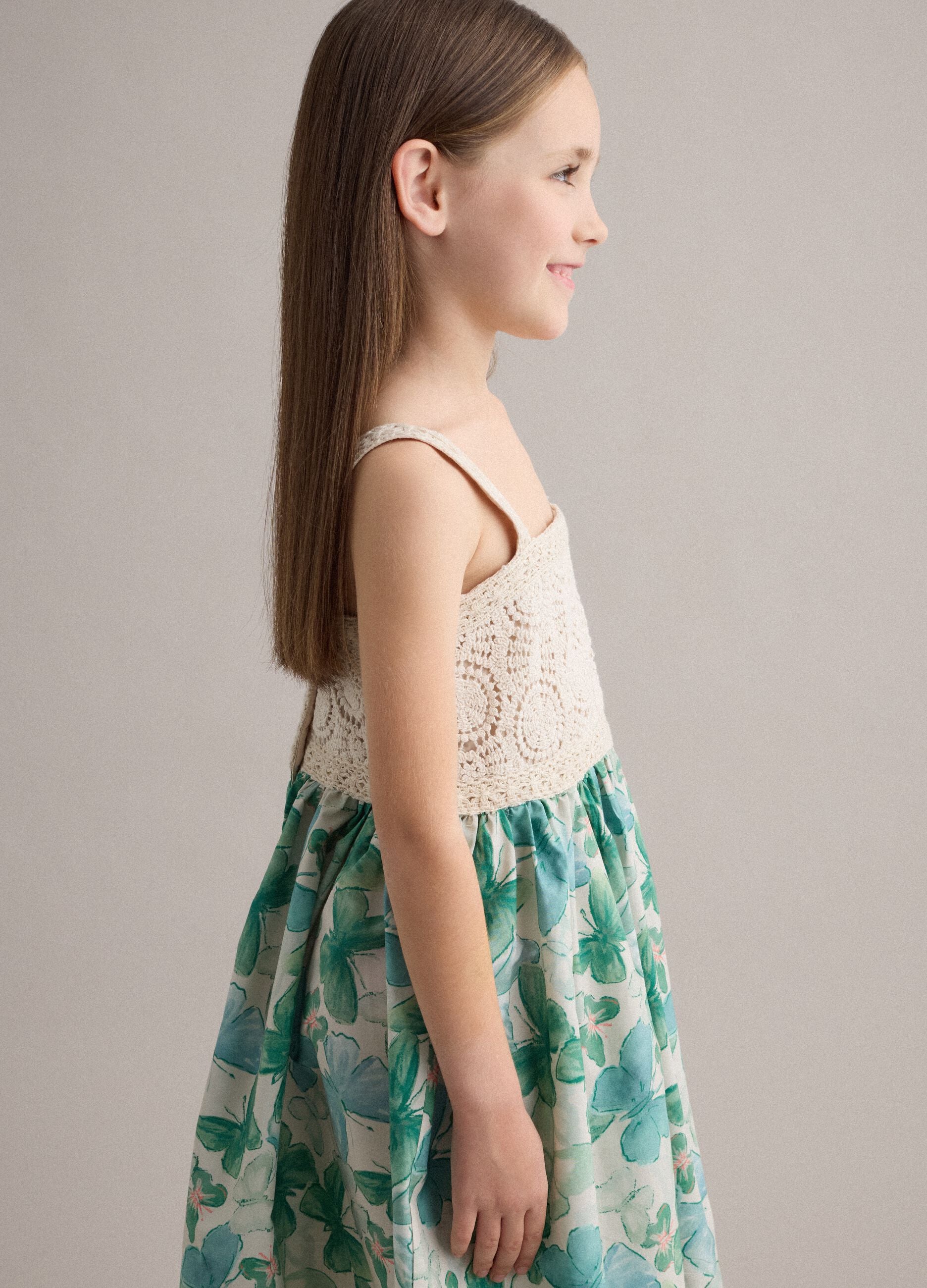 Pure cotton dress with crochet details and floral print