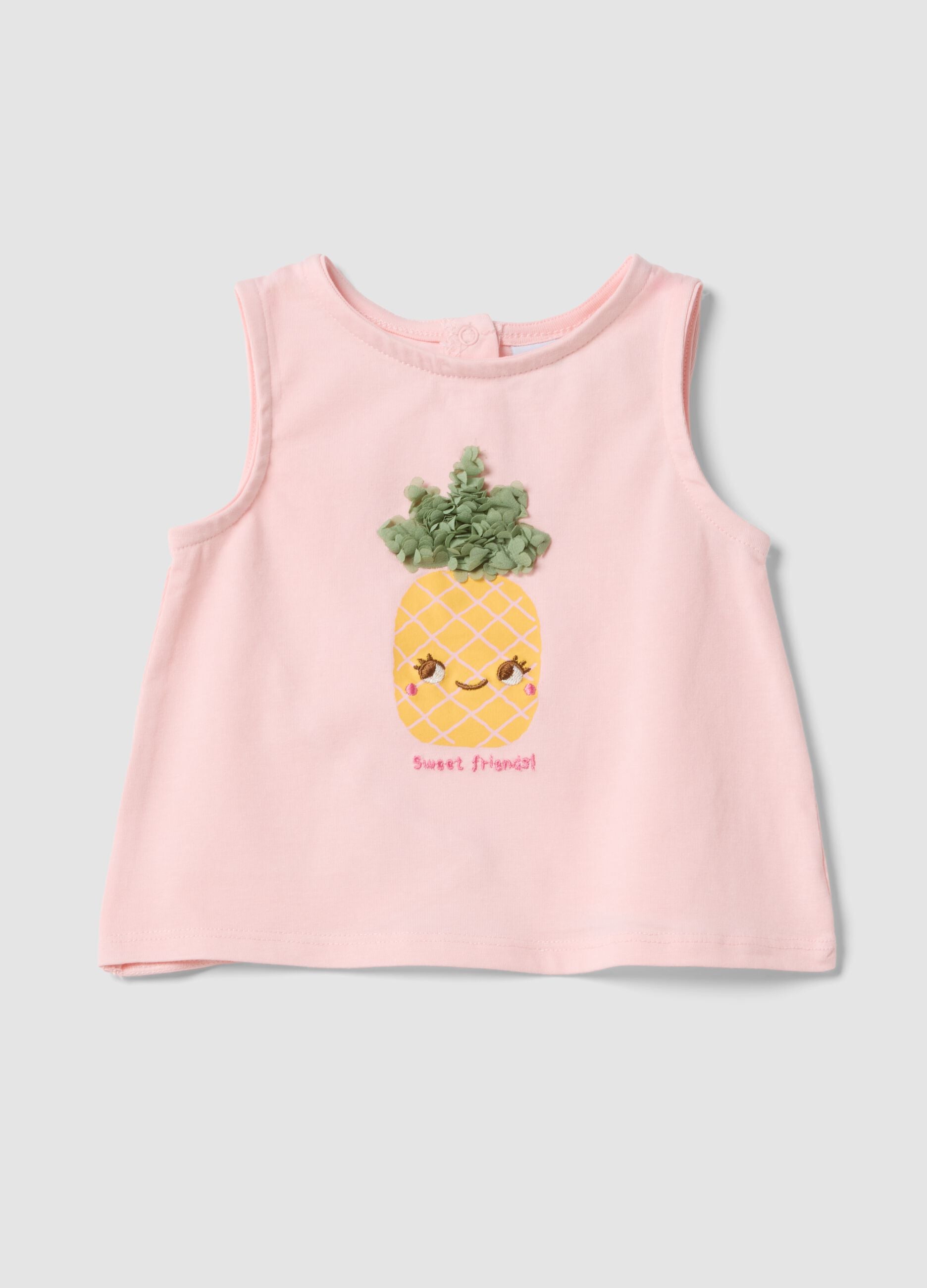 Pink stretch cotton fitted vest top with print and applique for baby girl