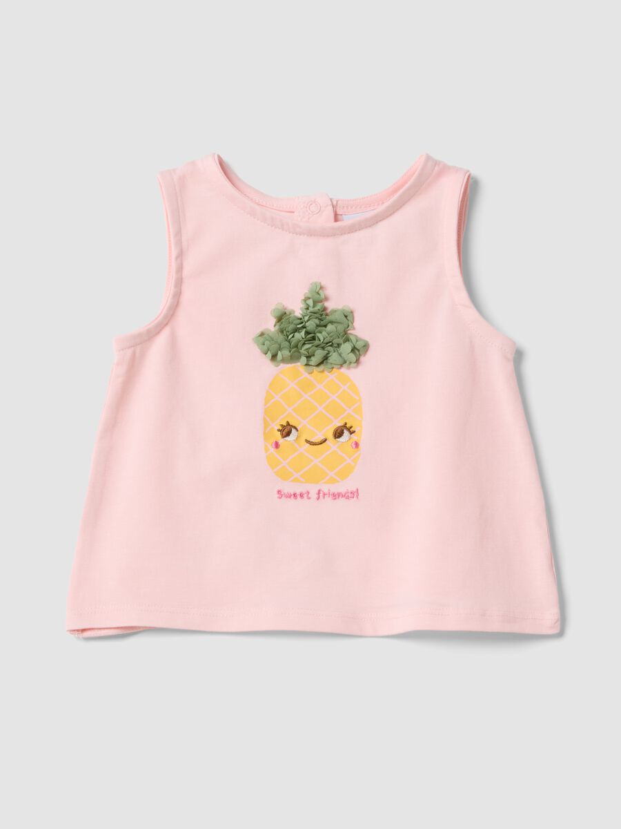 Pink stretch cotton fitted vest top with print and applique for baby girl_0