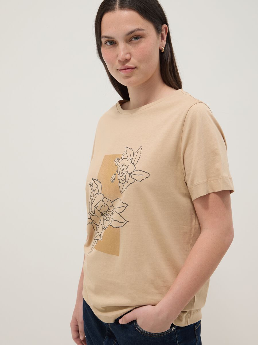 Beige short-sleeve pure cotton printed T-shirt, regular fit_2