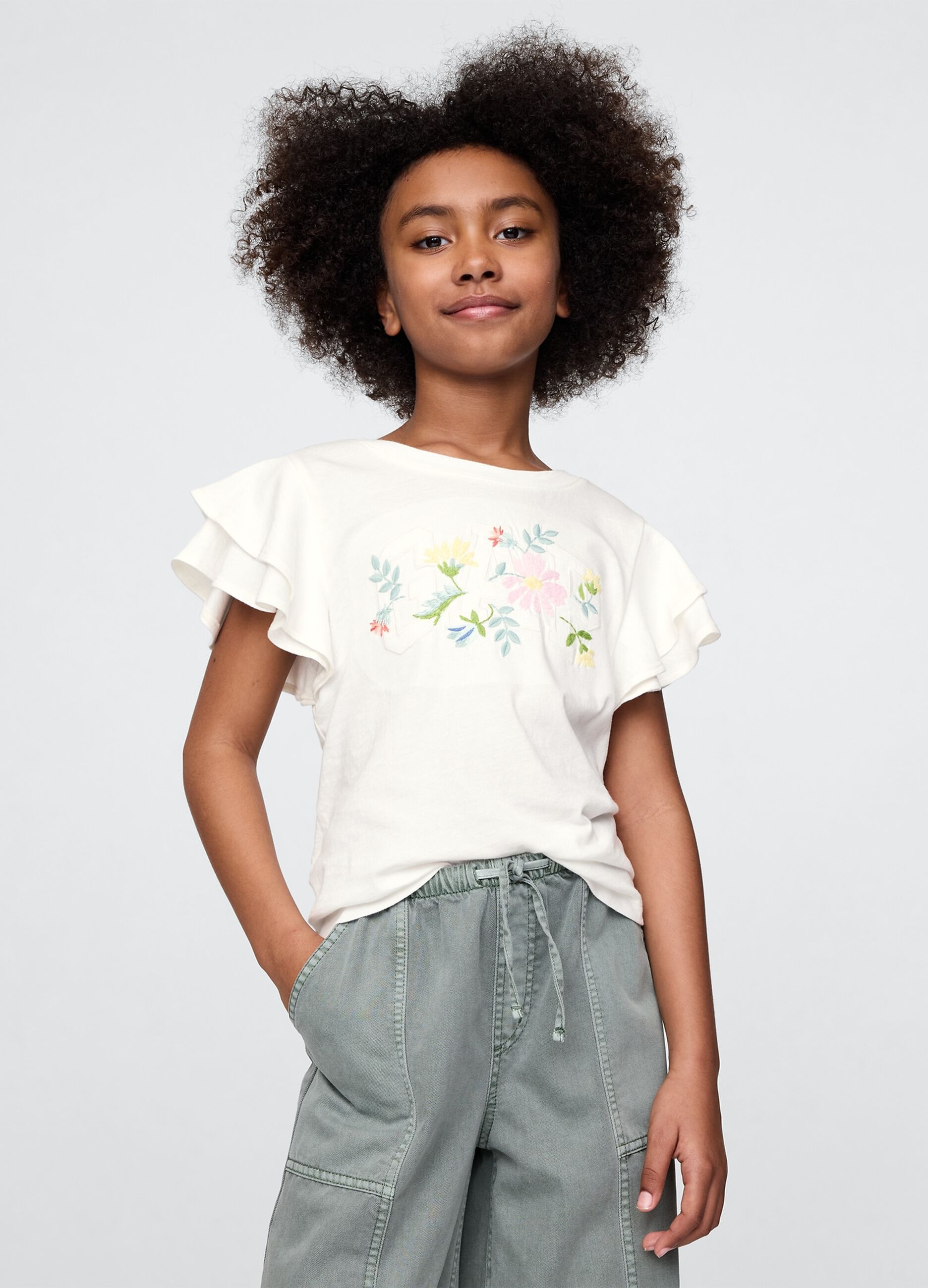 White short sleeve t-shirt with frills and floral print