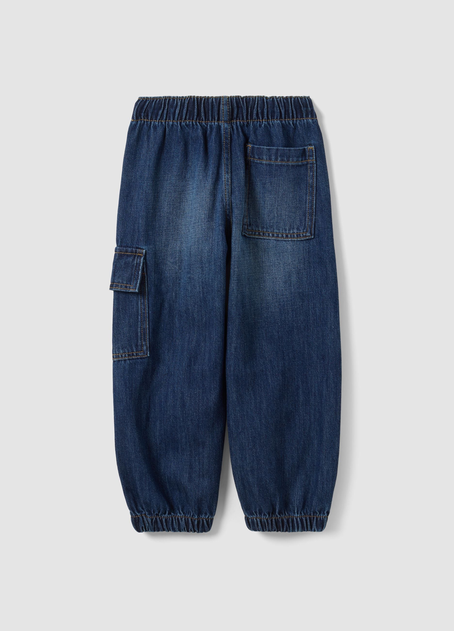Blue denim joggers in cotton and viscose blend with cargo pockets, relaxed fit