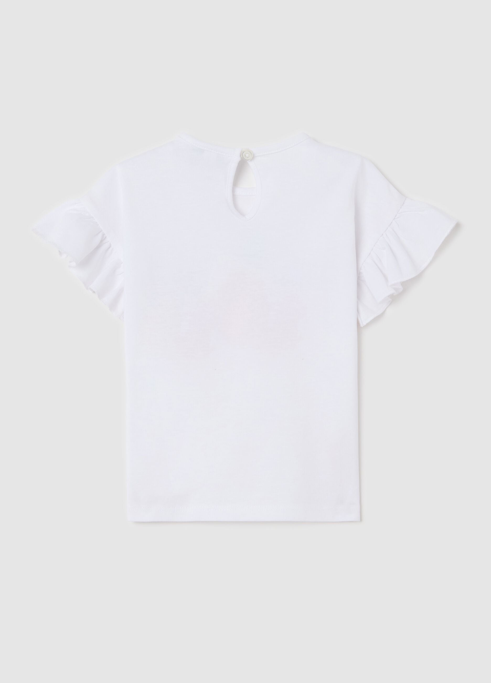 White cotton T-shirt with frills and print