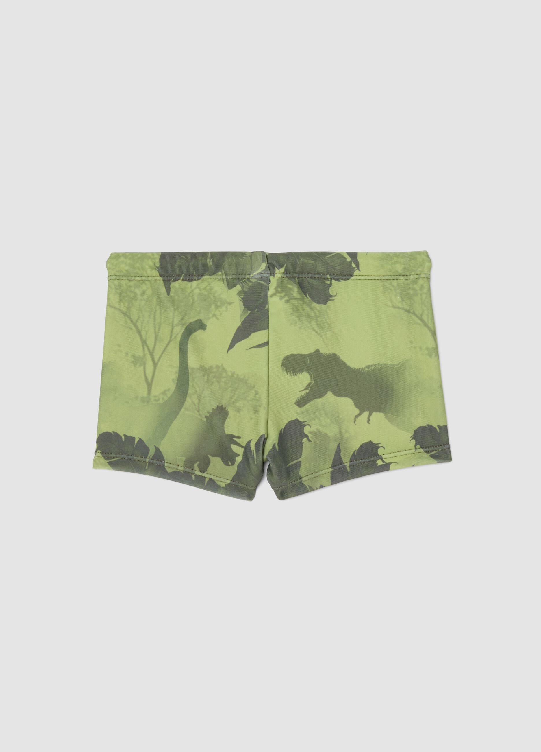 Green dinosaur-print stretch swim trunks