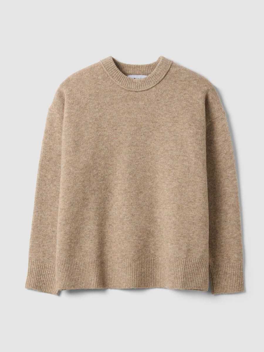 Maglione beige in lana elasticizzata girocollo over fit_0