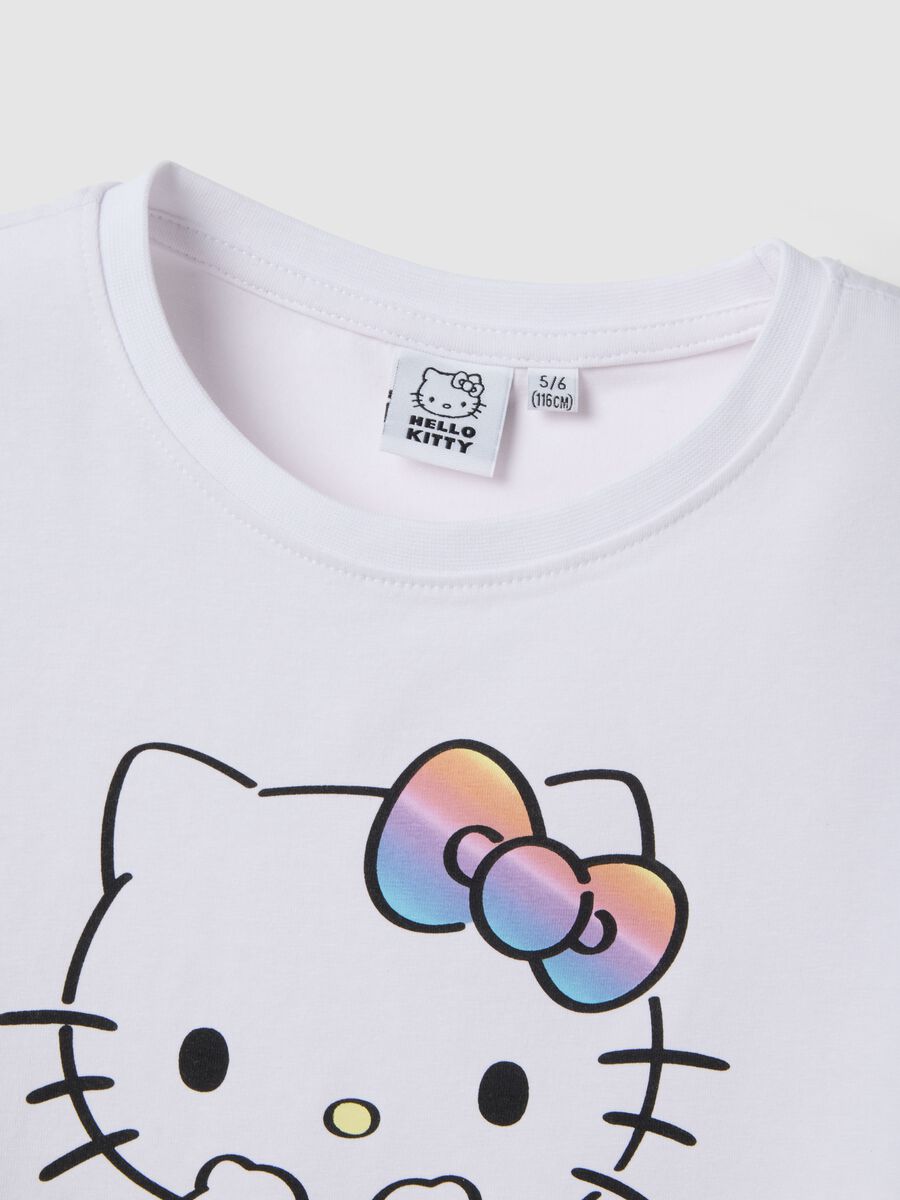Girls' White Stretch Cotton T-shirt with Hello Kitty_3