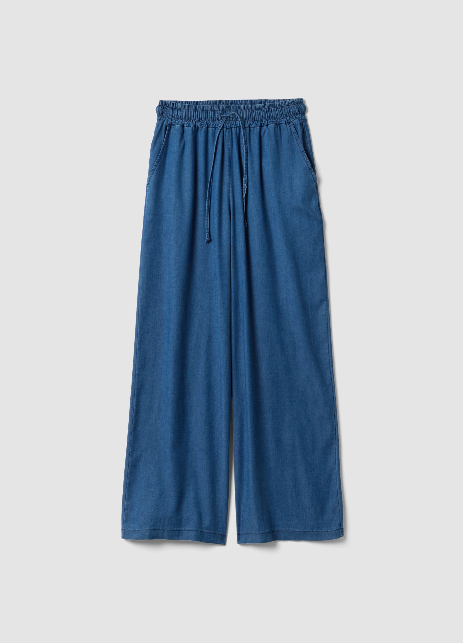Pantaloni blu in puro lyocell a gamba ampia regular fit