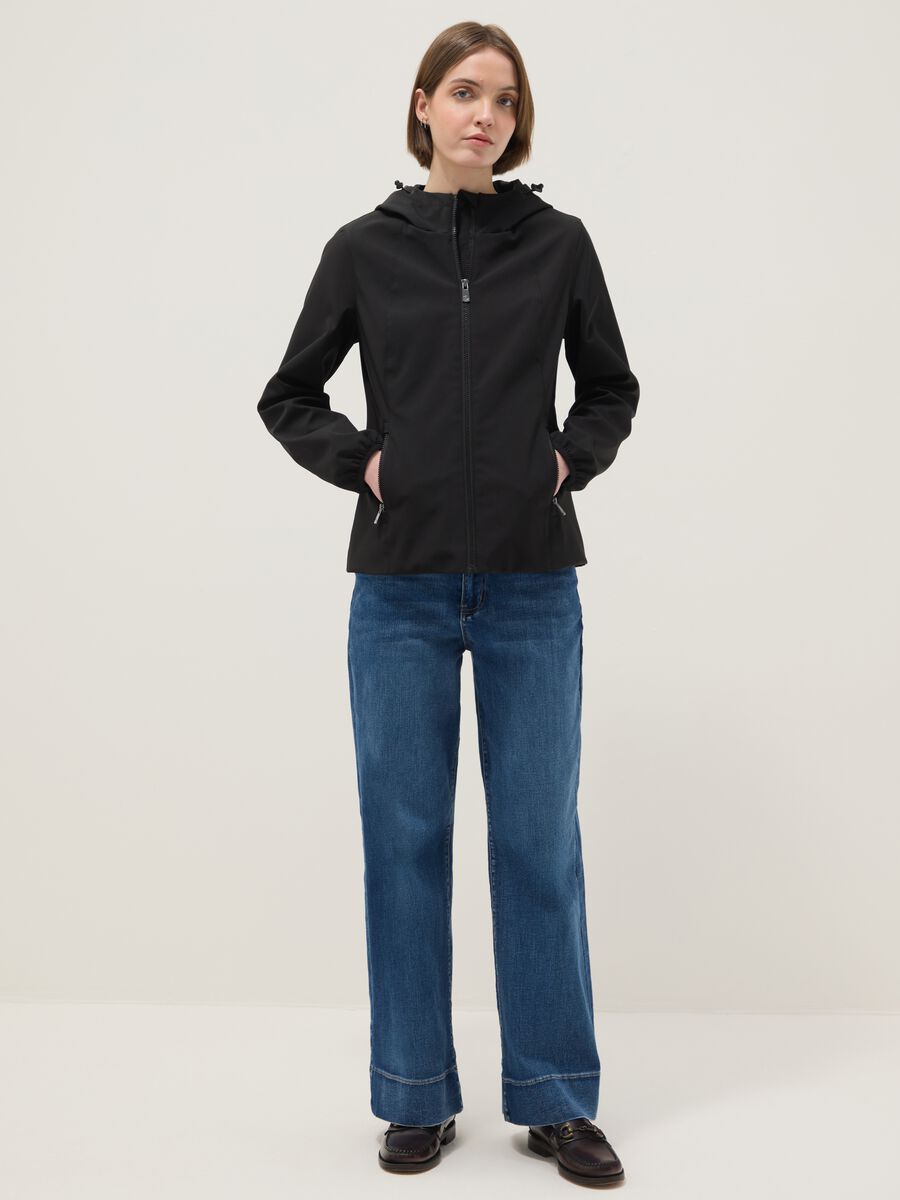 Black regular fit waterproof jacket with zip and hood_1