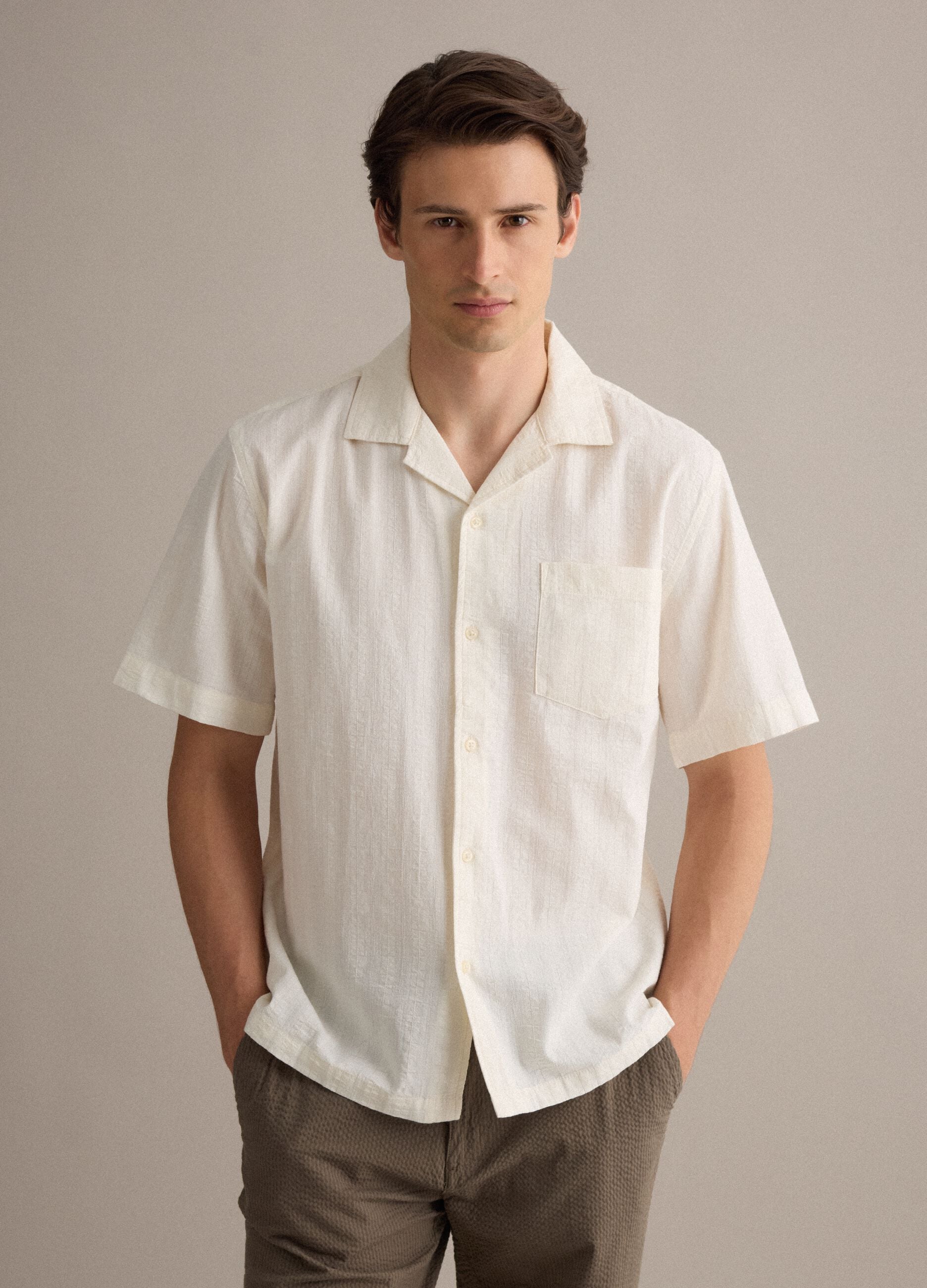 White pure lyocell bowling-collar shirt, regular fit