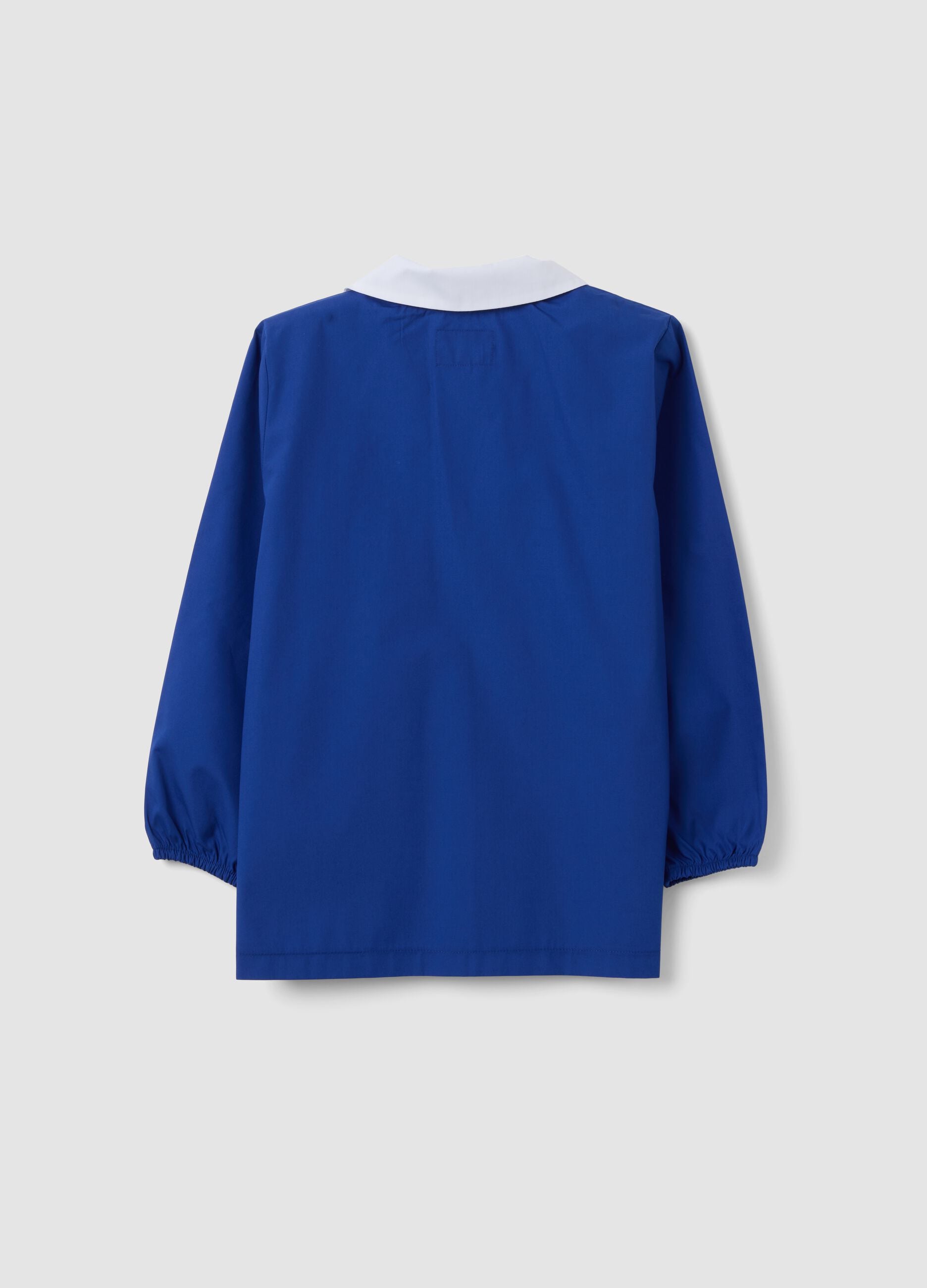 Customisable blue school smock with zip and panda embroidery for boys