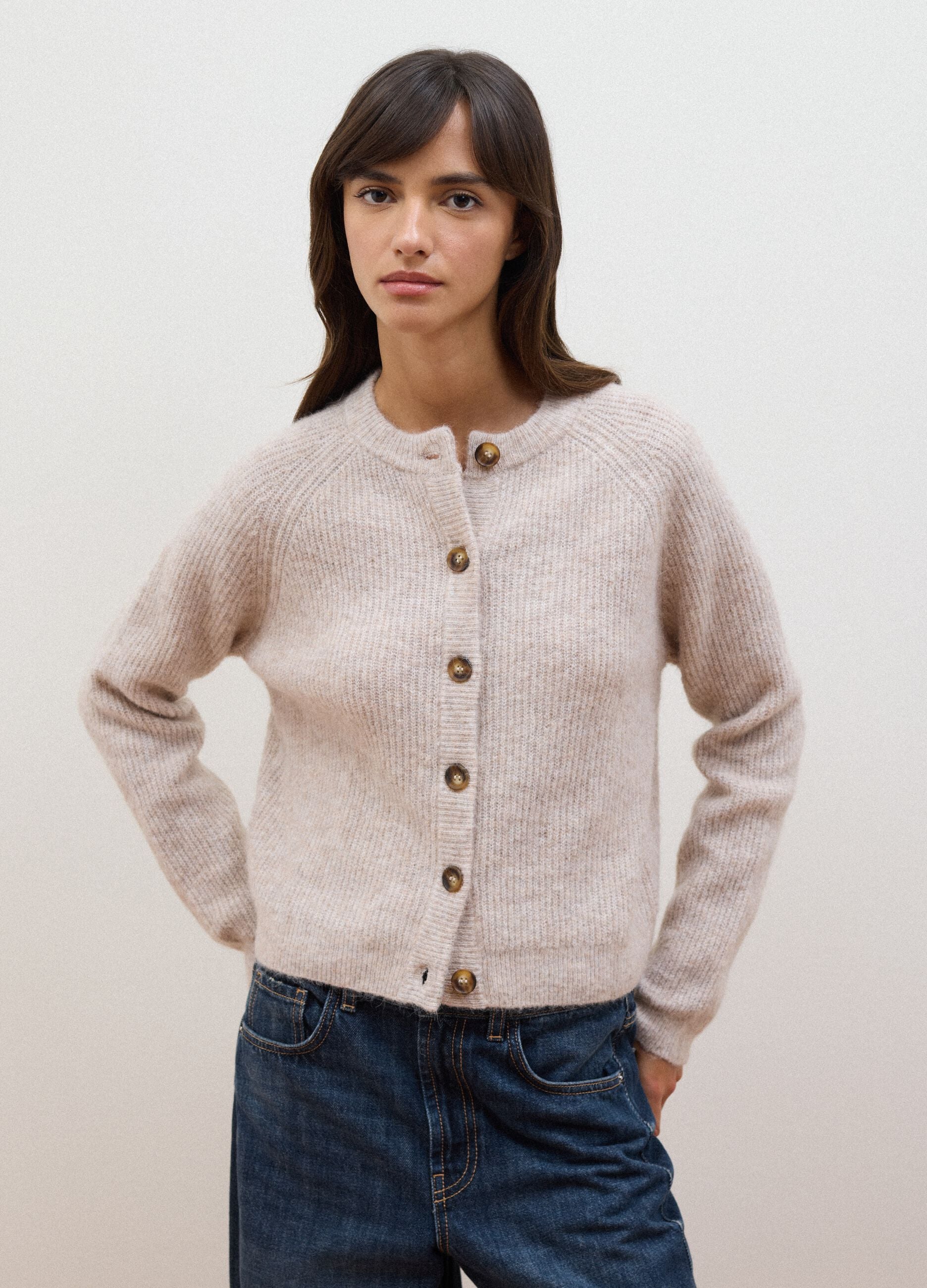 Beige crew-neck cardigan in stretchy wool and alpaca, regular fit