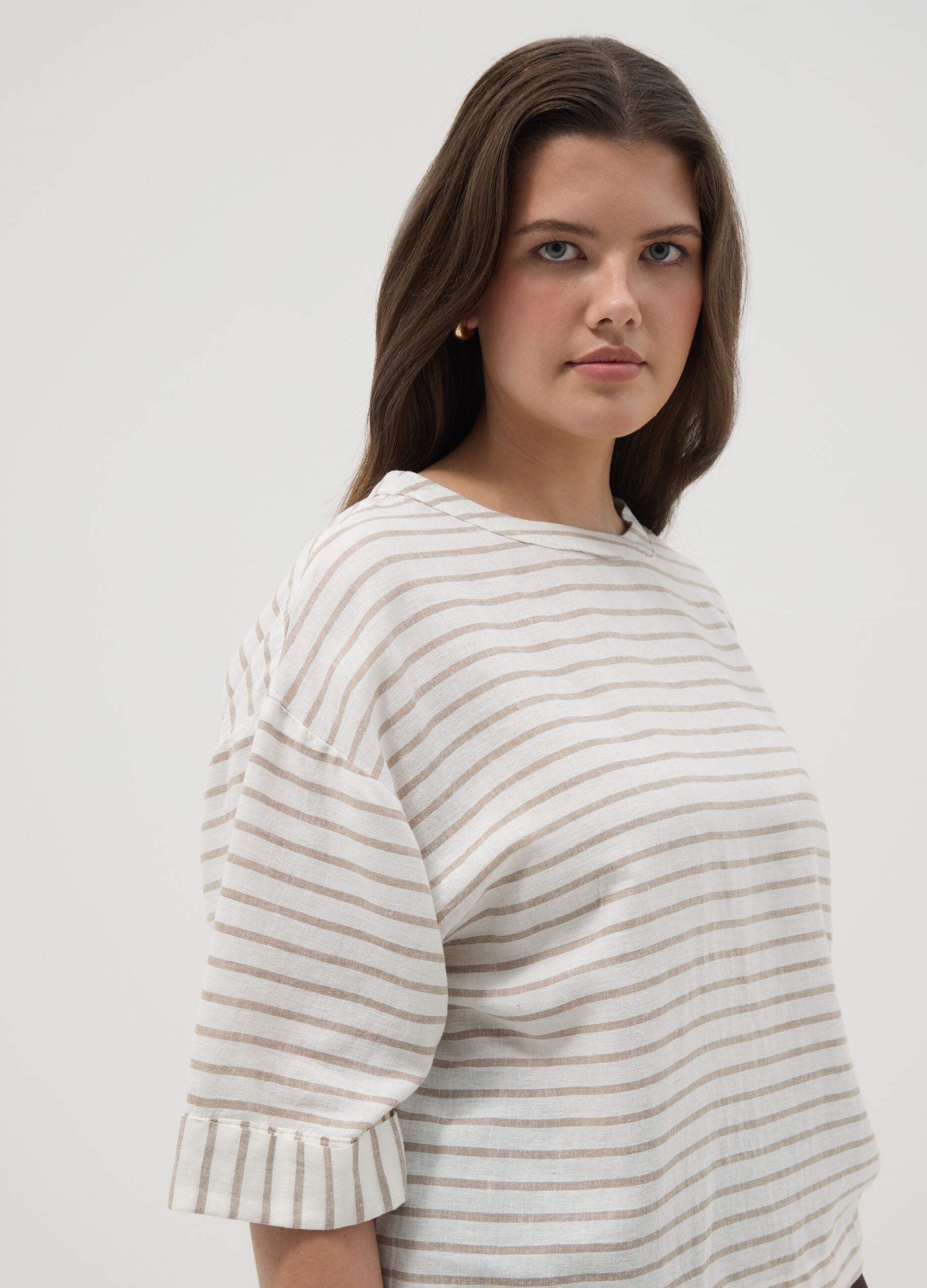 Multicolour striped linen blend regular fit t-shirt
