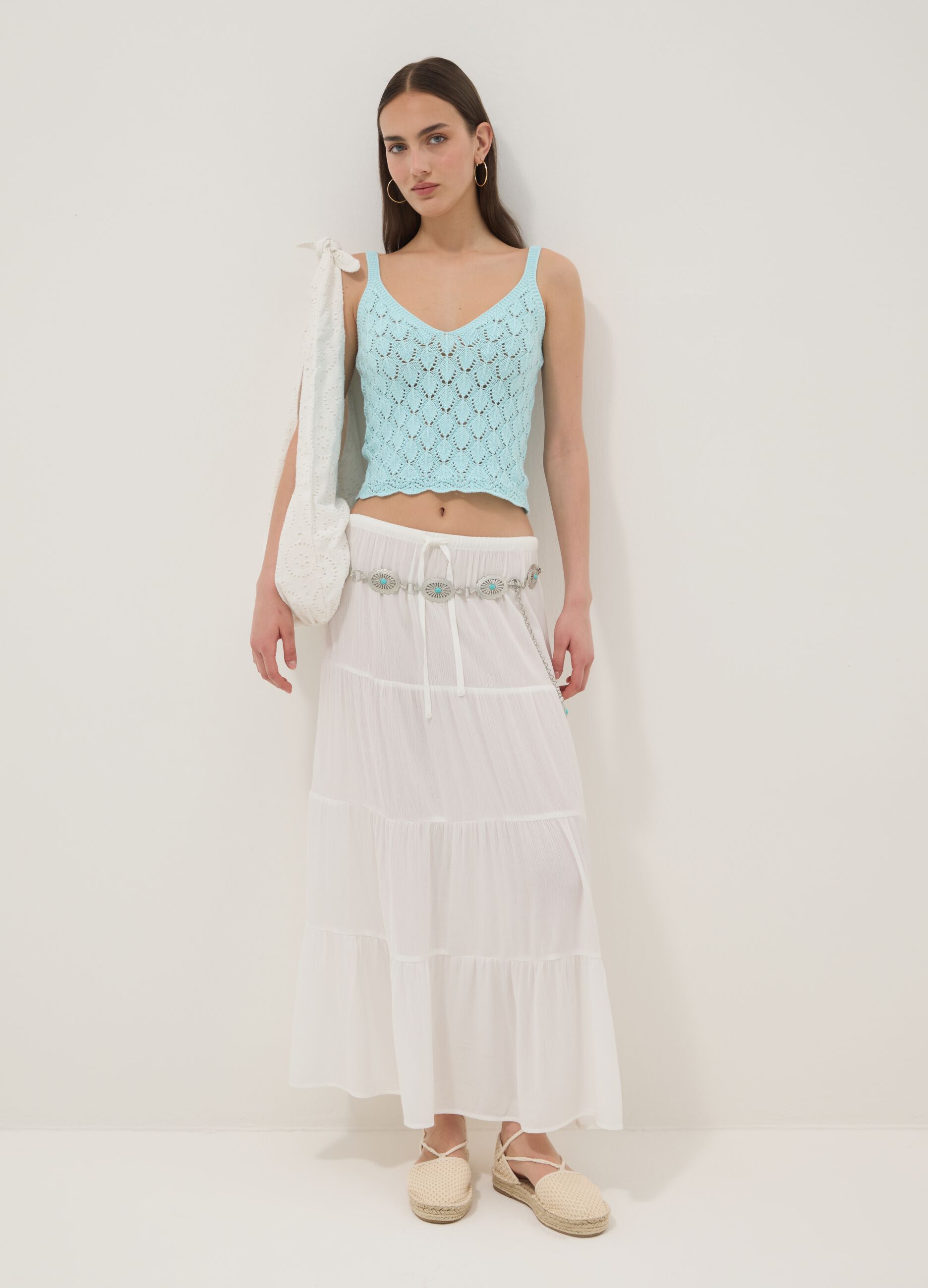 Sky-blue pure cotton crochet waistcoat, regular fit