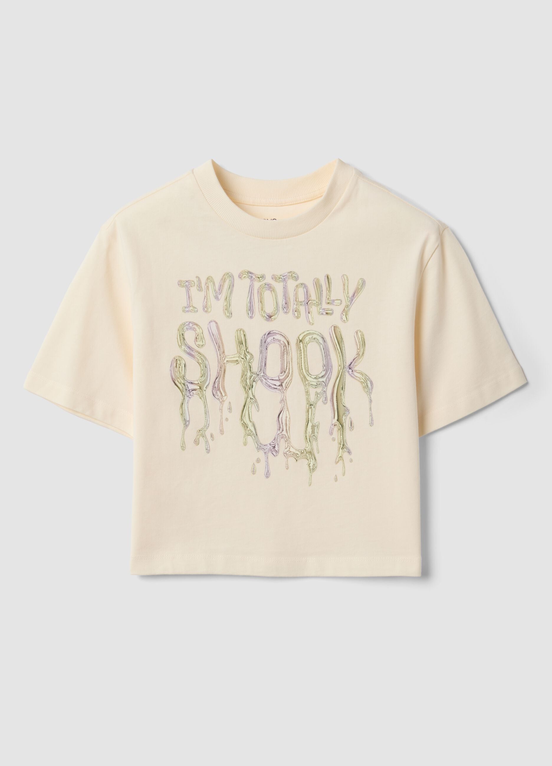 Beige pure cotton T-shirt with ribbed crew neck and front slogan