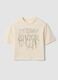 Beige pure cotton T-shirt with ribbed crew neck and front slogan_0