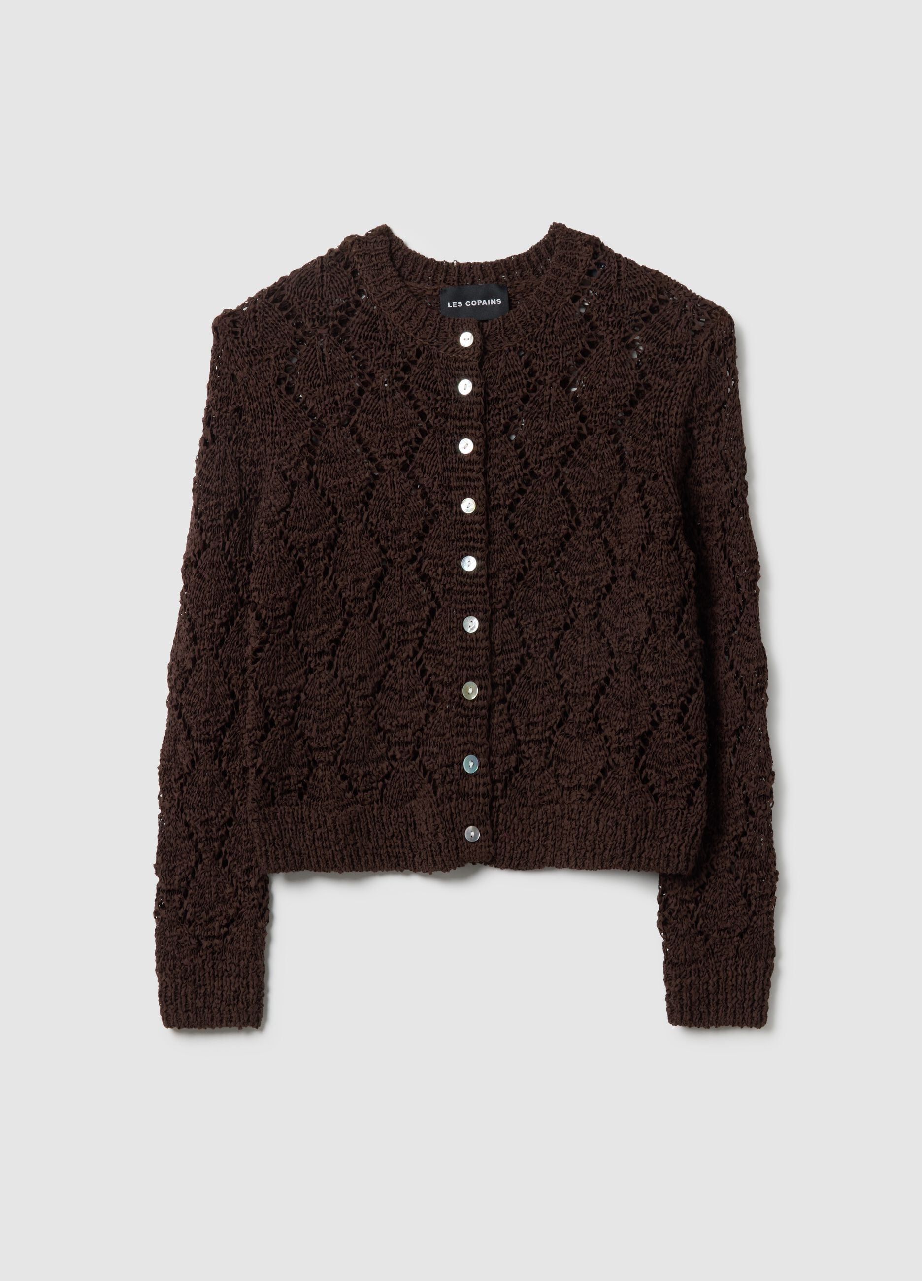 Brown cotton blend cardigan with regular fit and knitted design