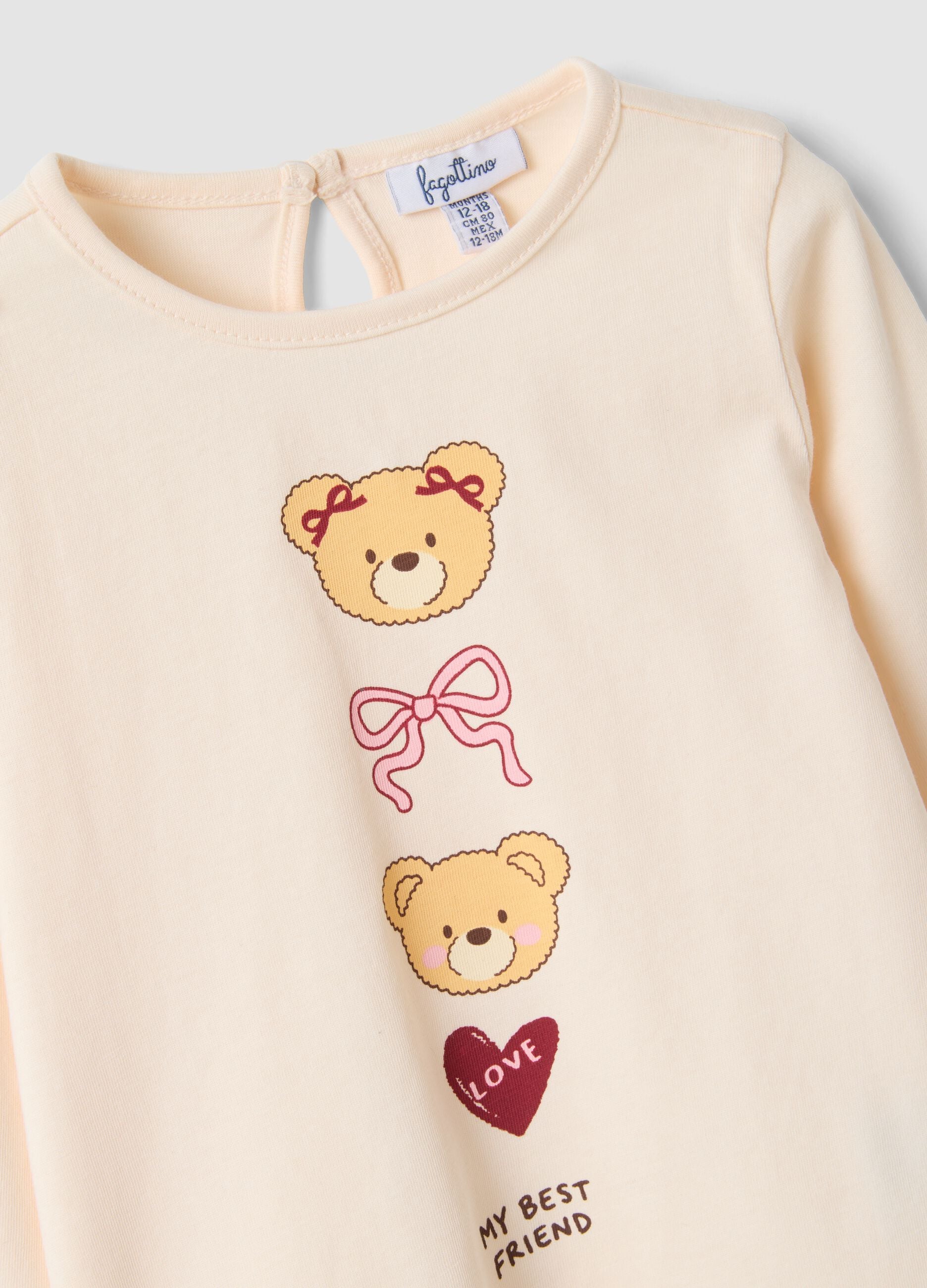 Beige organic cotton T-shirt with teddy bear print for baby girl
