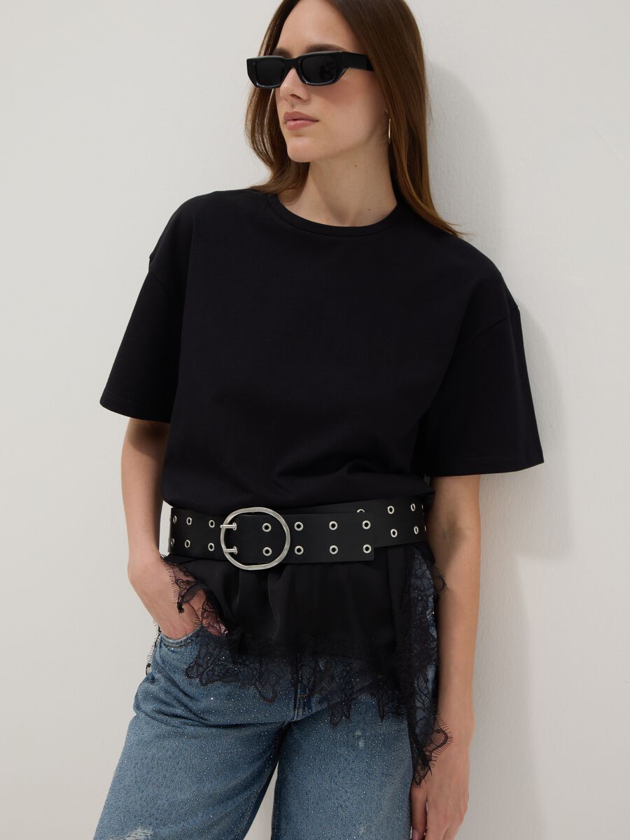 Black pure cotton T-shirt with lace insert, relaxed fit_1