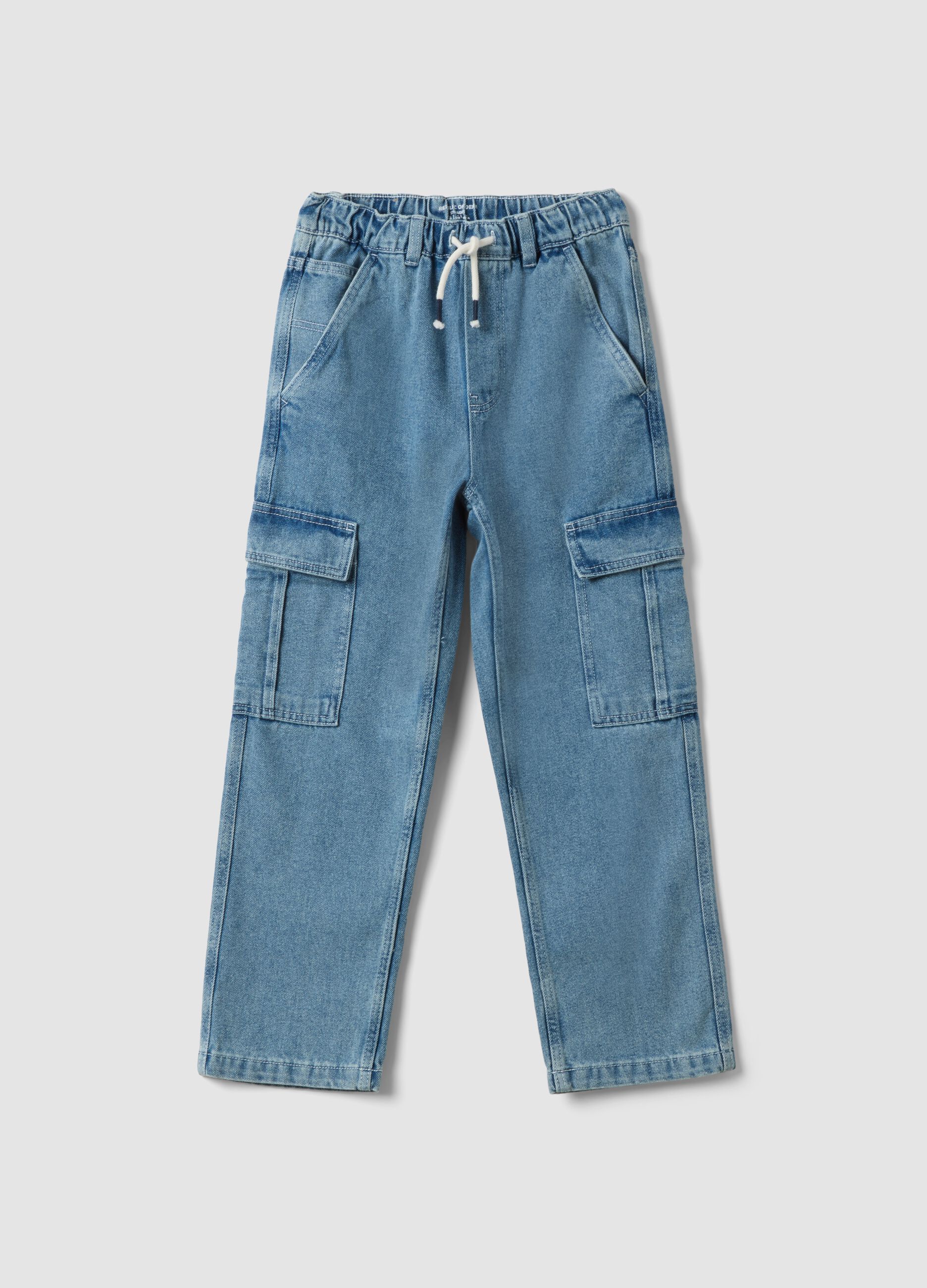 Light blue denim cargo jeans in cotton-viscose blend, straight fit