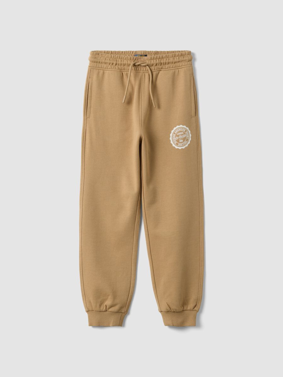 Beige cotton-viscose blend joggers with contrasting print for boys_0