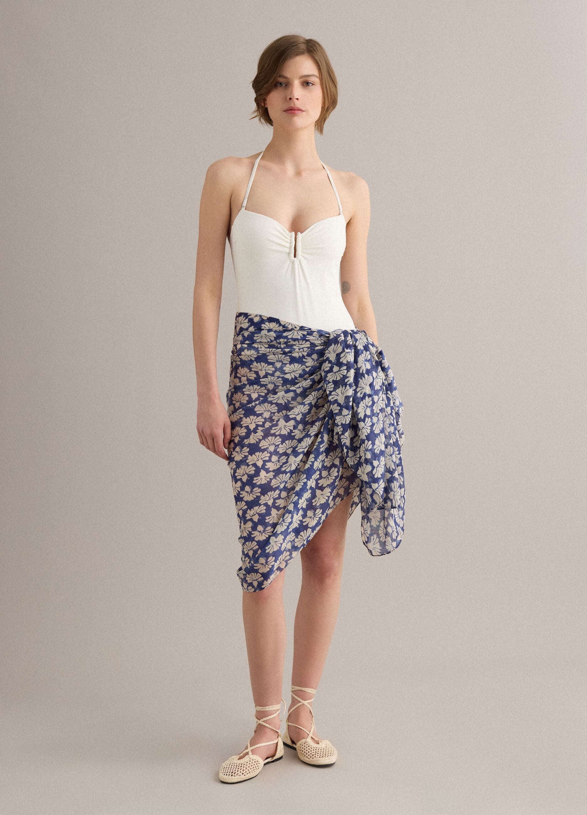 Blue pure cotton sarong with floral print