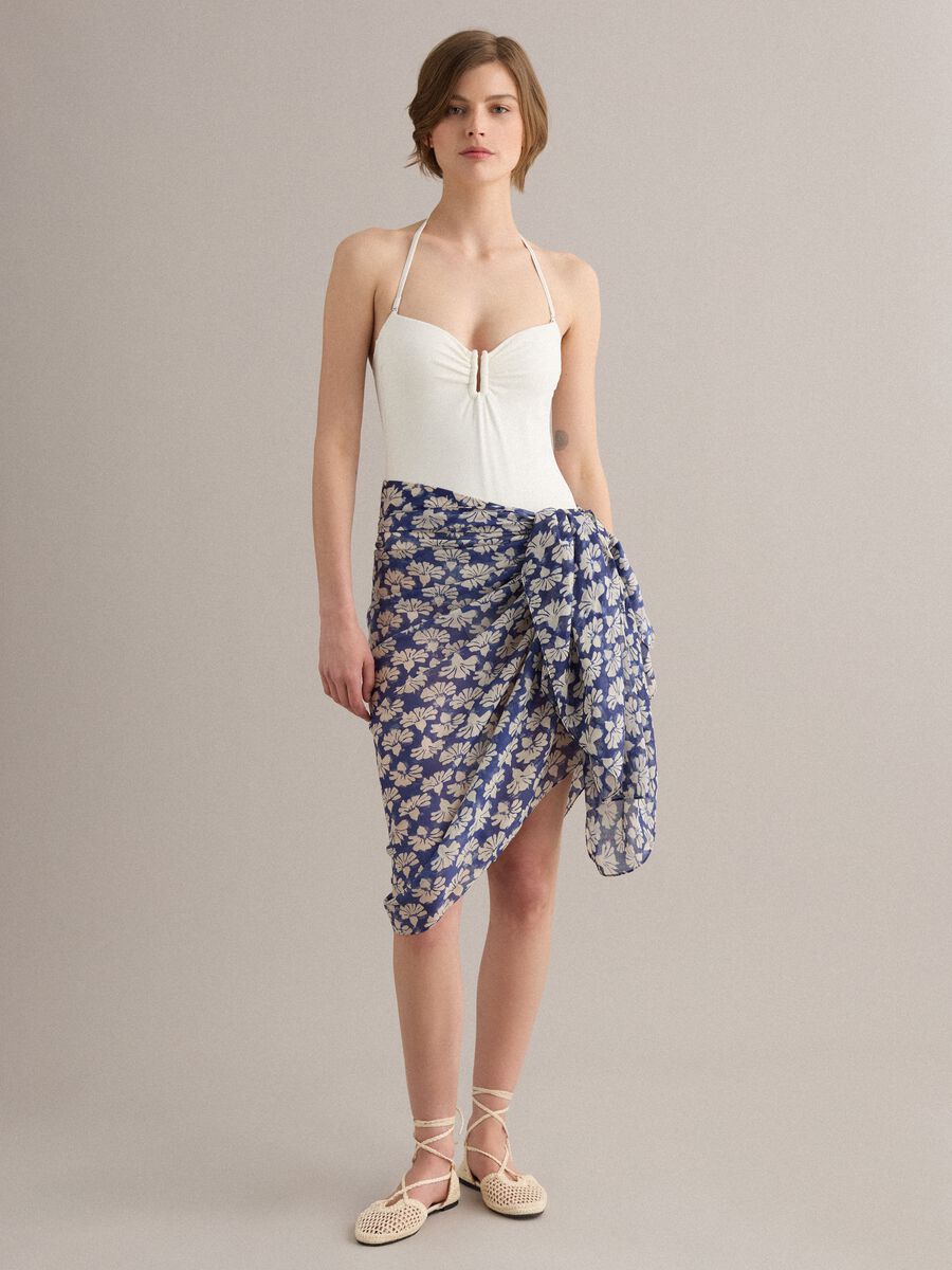 Sarong blu in puro cotone con stampa floreale_0