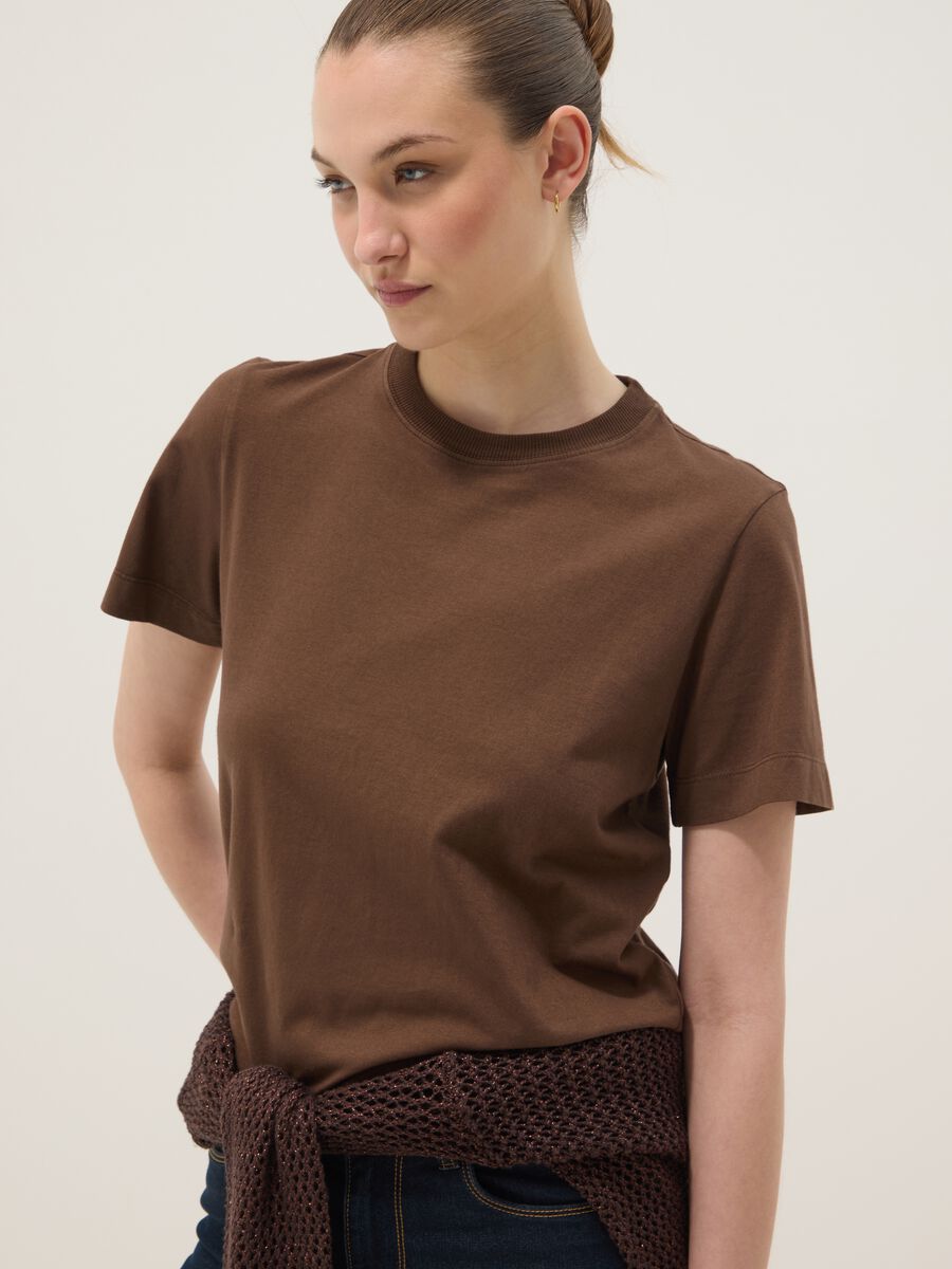 Brown short-sleeve pure cotton T-shirt, regular fit_0