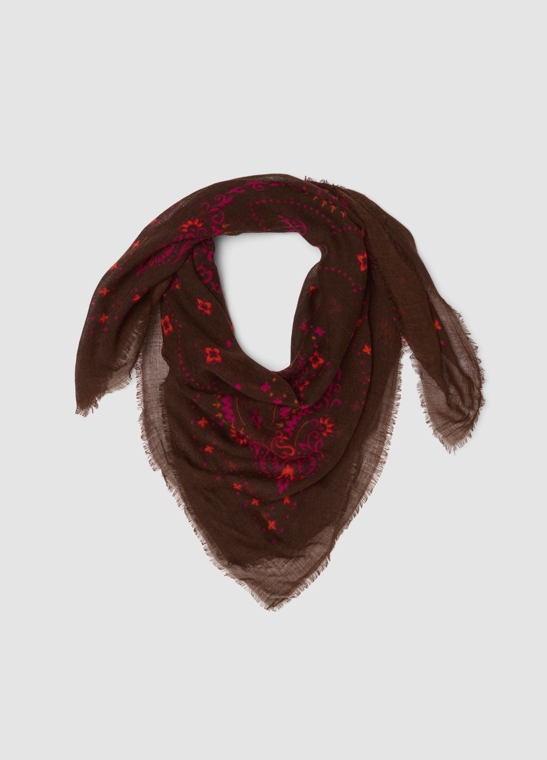 Brown wool-blend paisley-print scarf