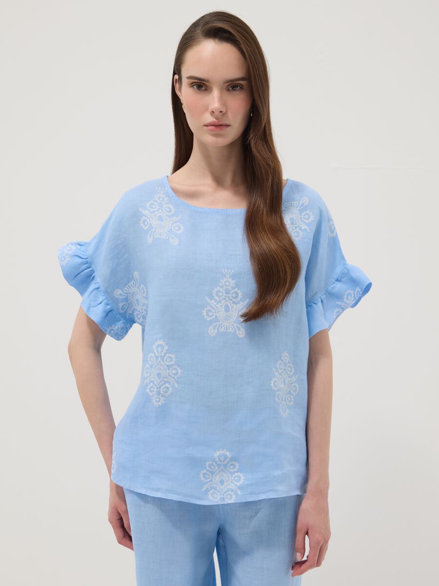 Light blue pure linen blouse with embroidery and ruffled sleeves, regular fit_0