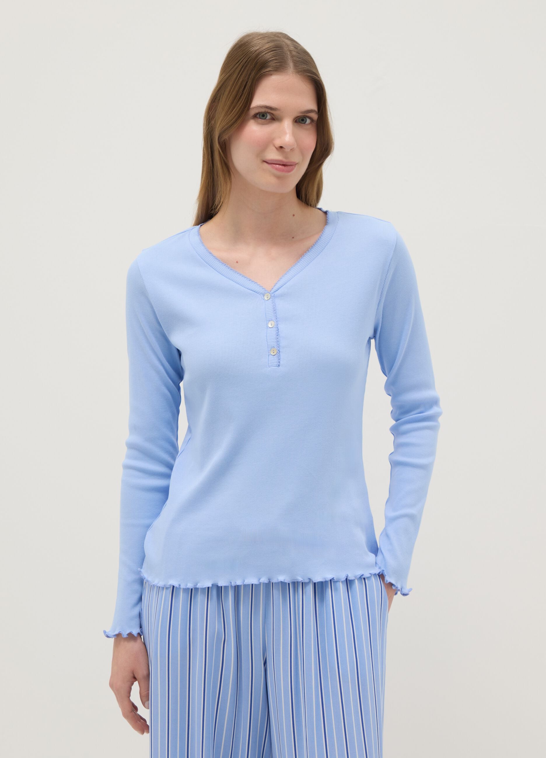 Pure cotton light blue regular fit pyjama top with Henley collar