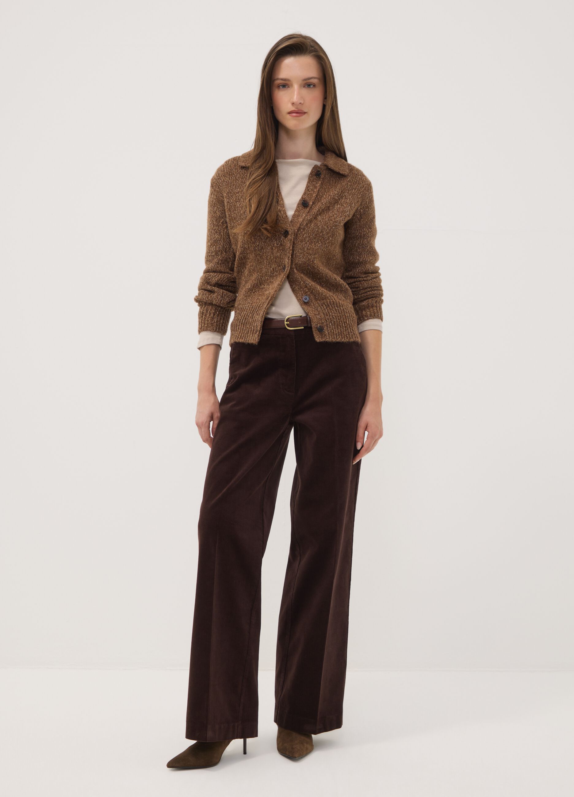 Brown wool-blend cardigan with polo collar