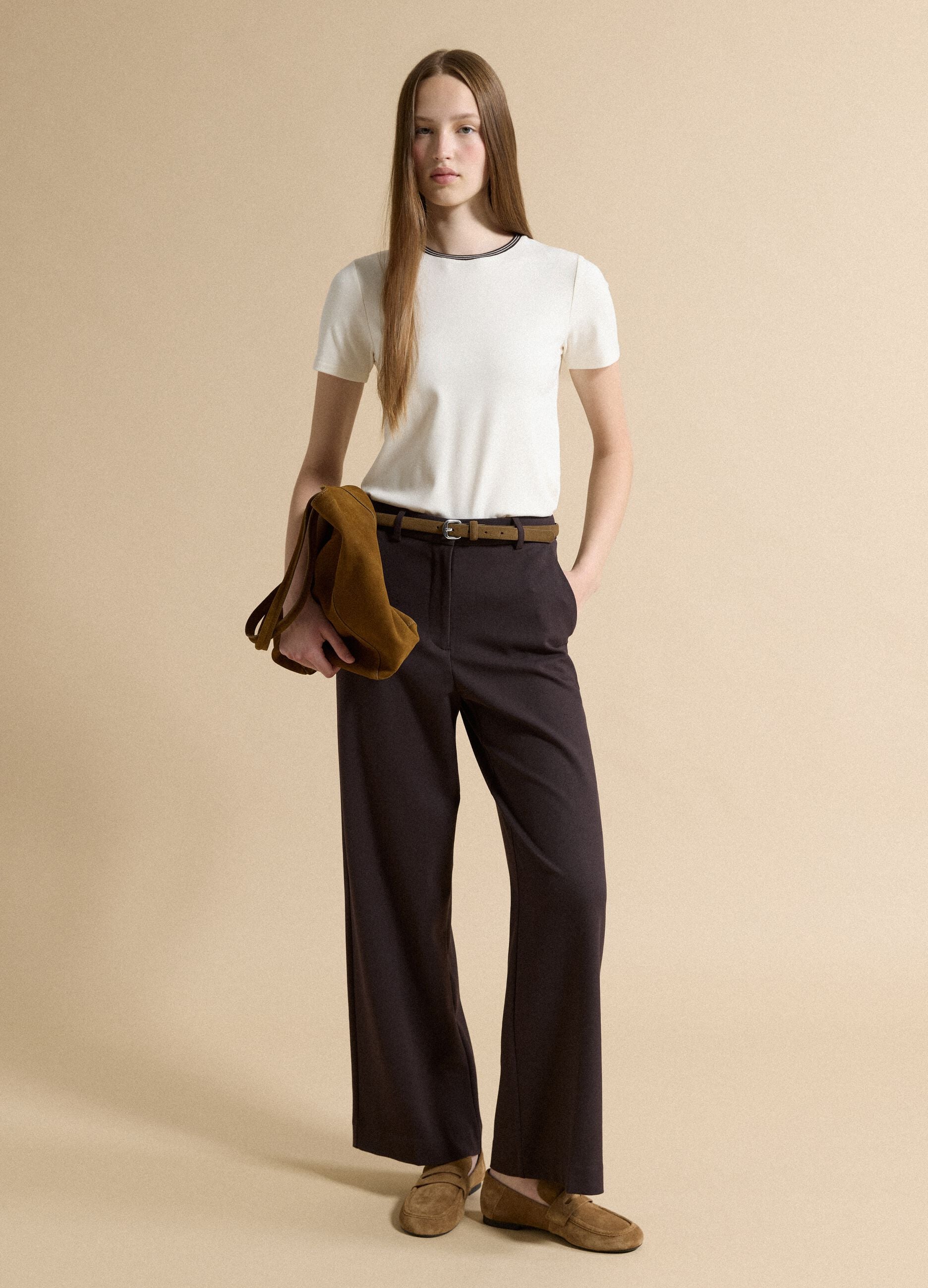 Beige stretch viscose crew-neck T-shirt