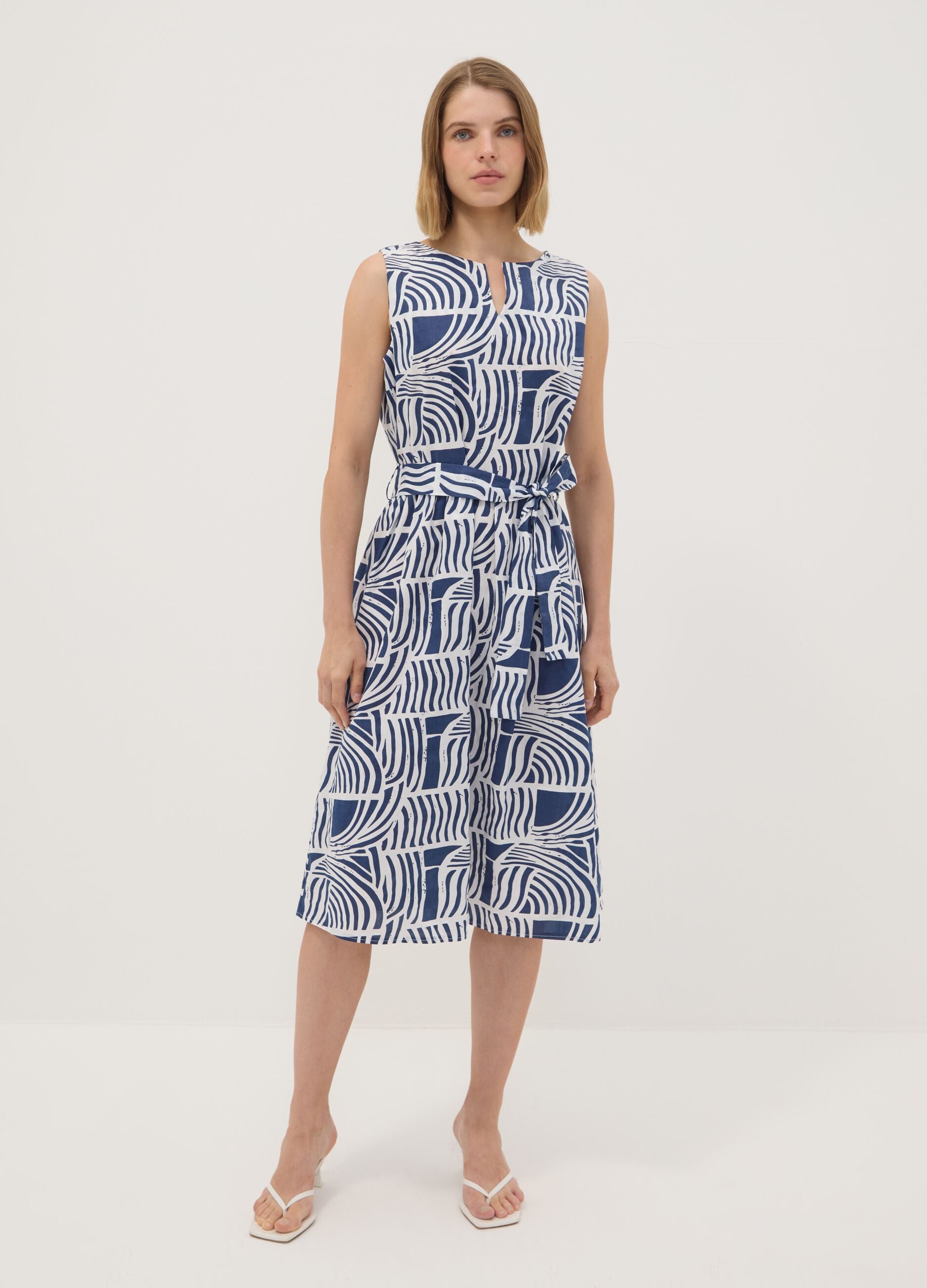 Blue pure cotton dress with print and matching belt, regular fit
