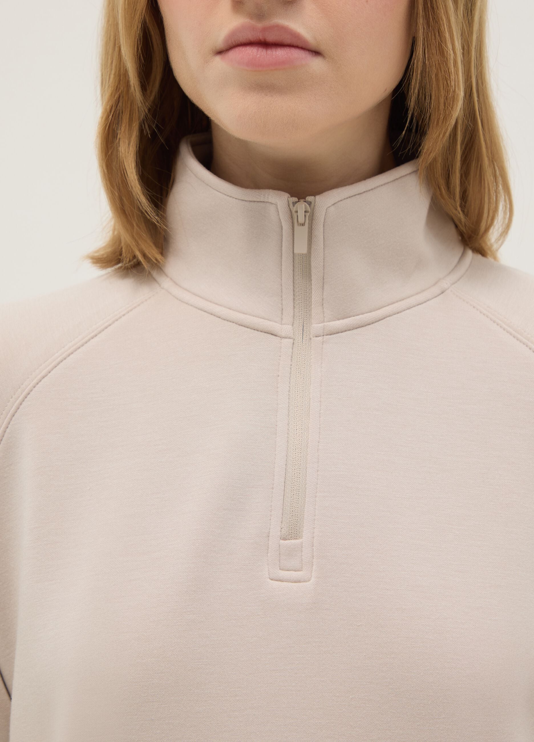 Beige regular fit modal blend sweatshirt with half zip