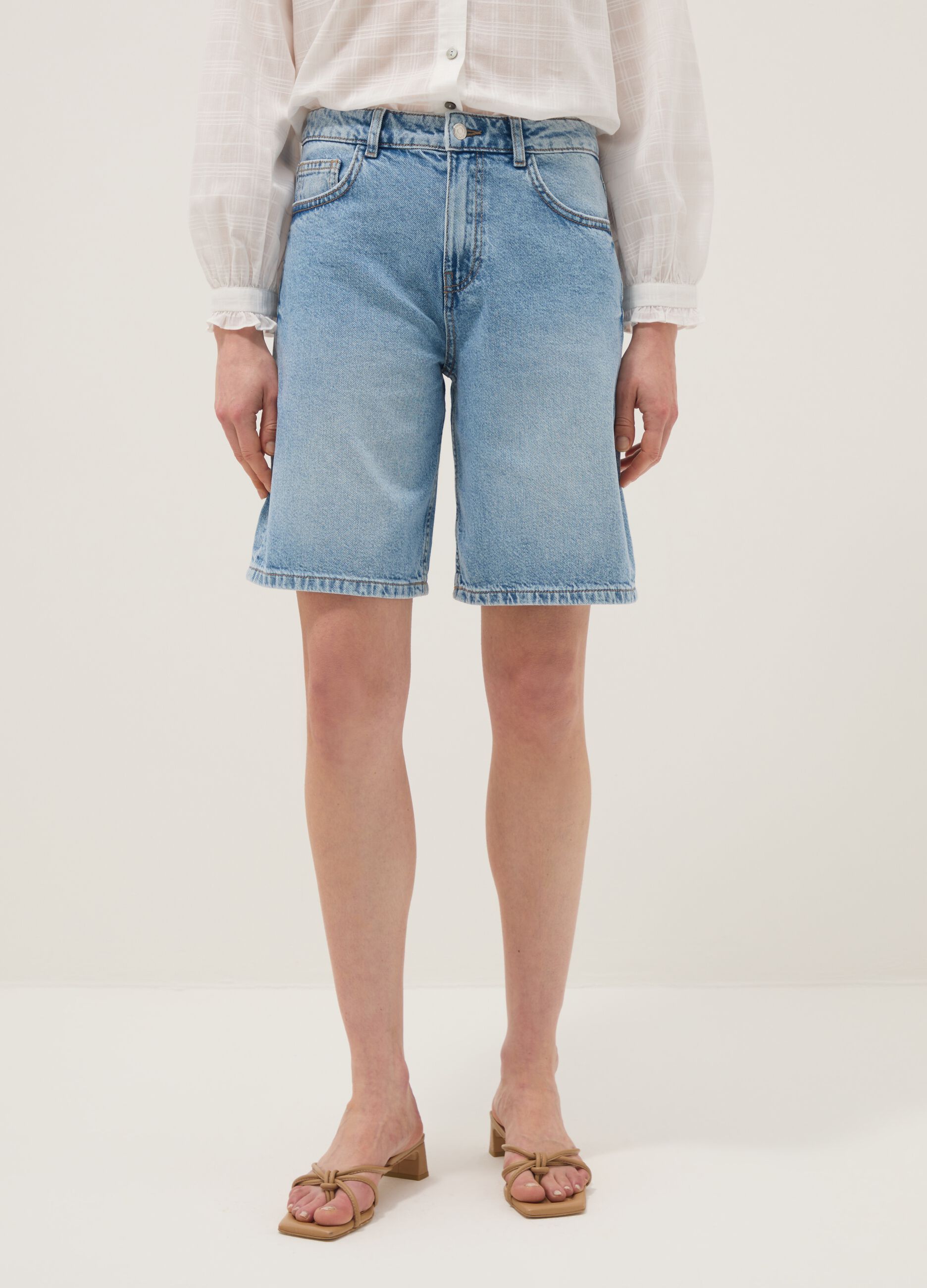 Pure cotton denim blue wide leg shorts