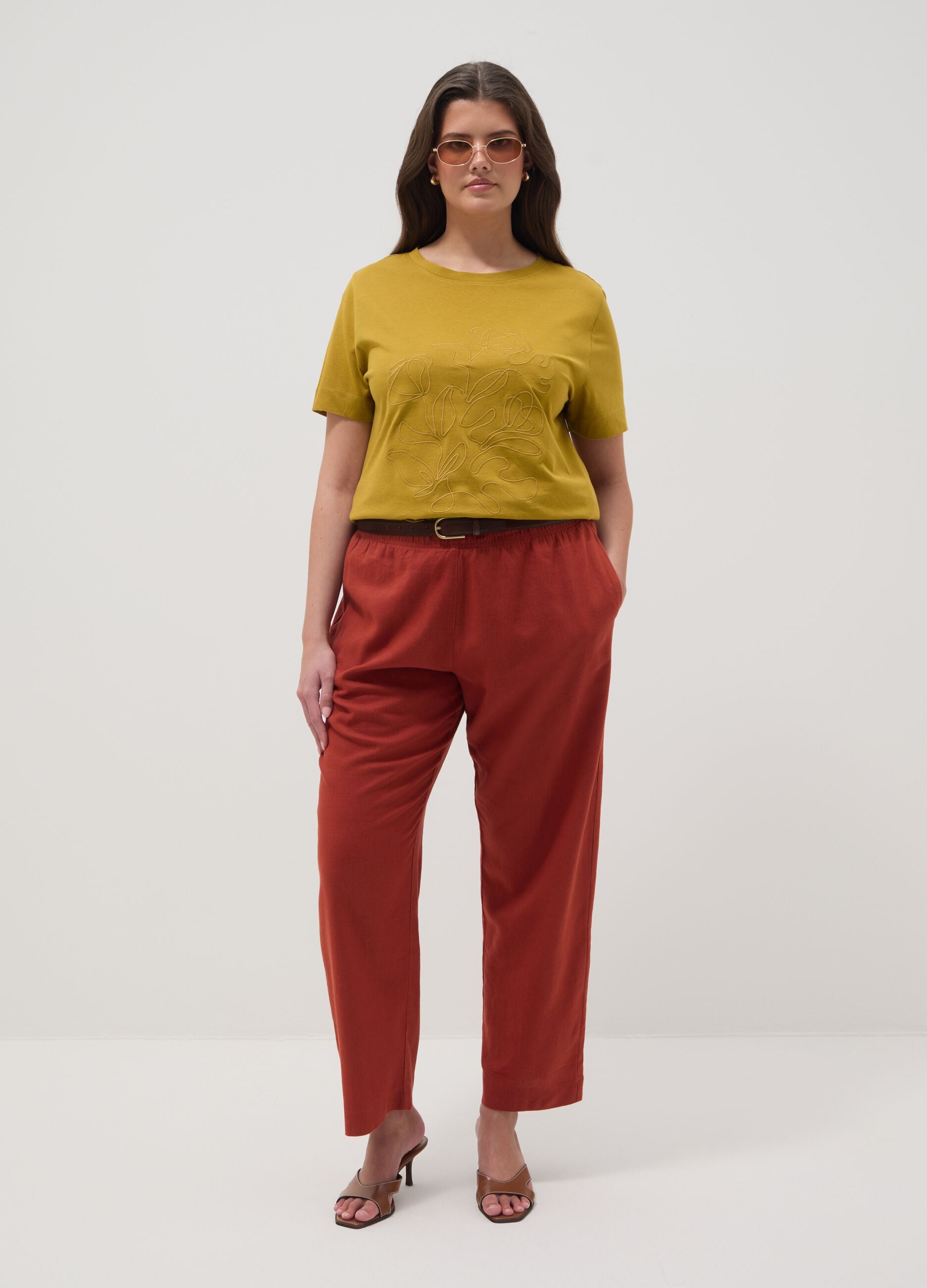 Yellow pure cotton regular fit T-shirt with floral embroidery