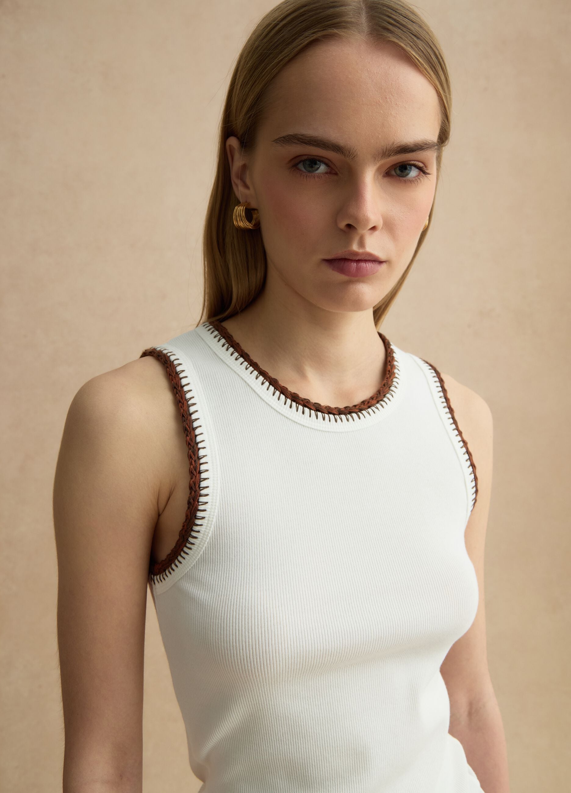White Stretch Cotton Vest Regular Fit with Embroidered Edges
