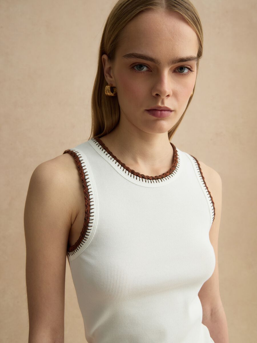 White Stretch Cotton Vest Regular Fit with Embroidered Edges_0