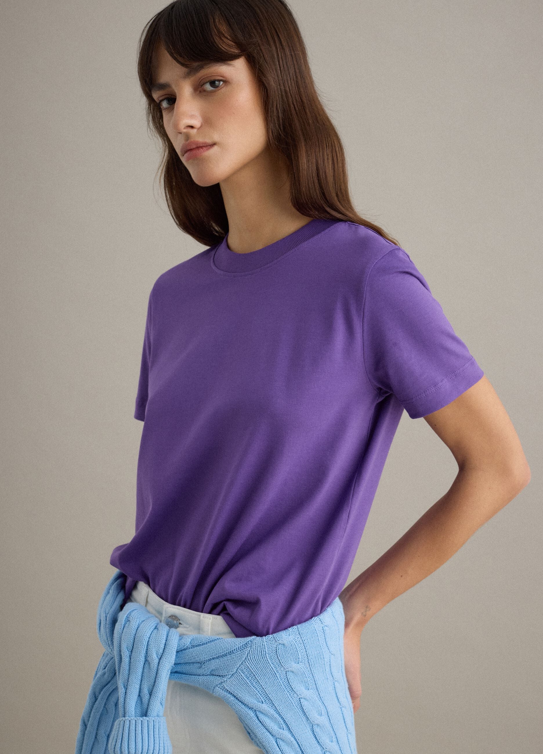 Short sleeve purple pure cotton T-shirt regular fit