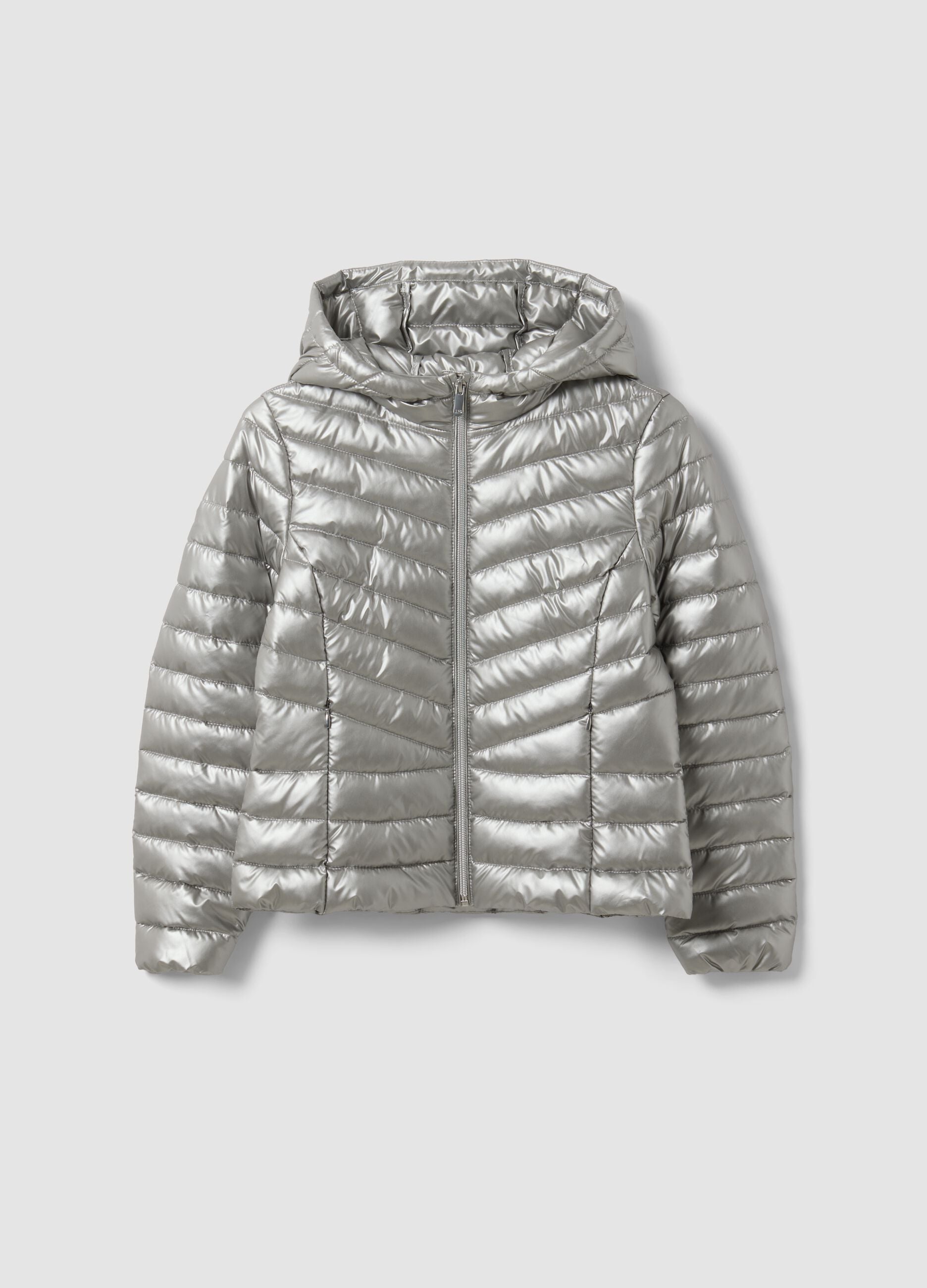 Grey ultralight padded jacket with hood and zip for girls