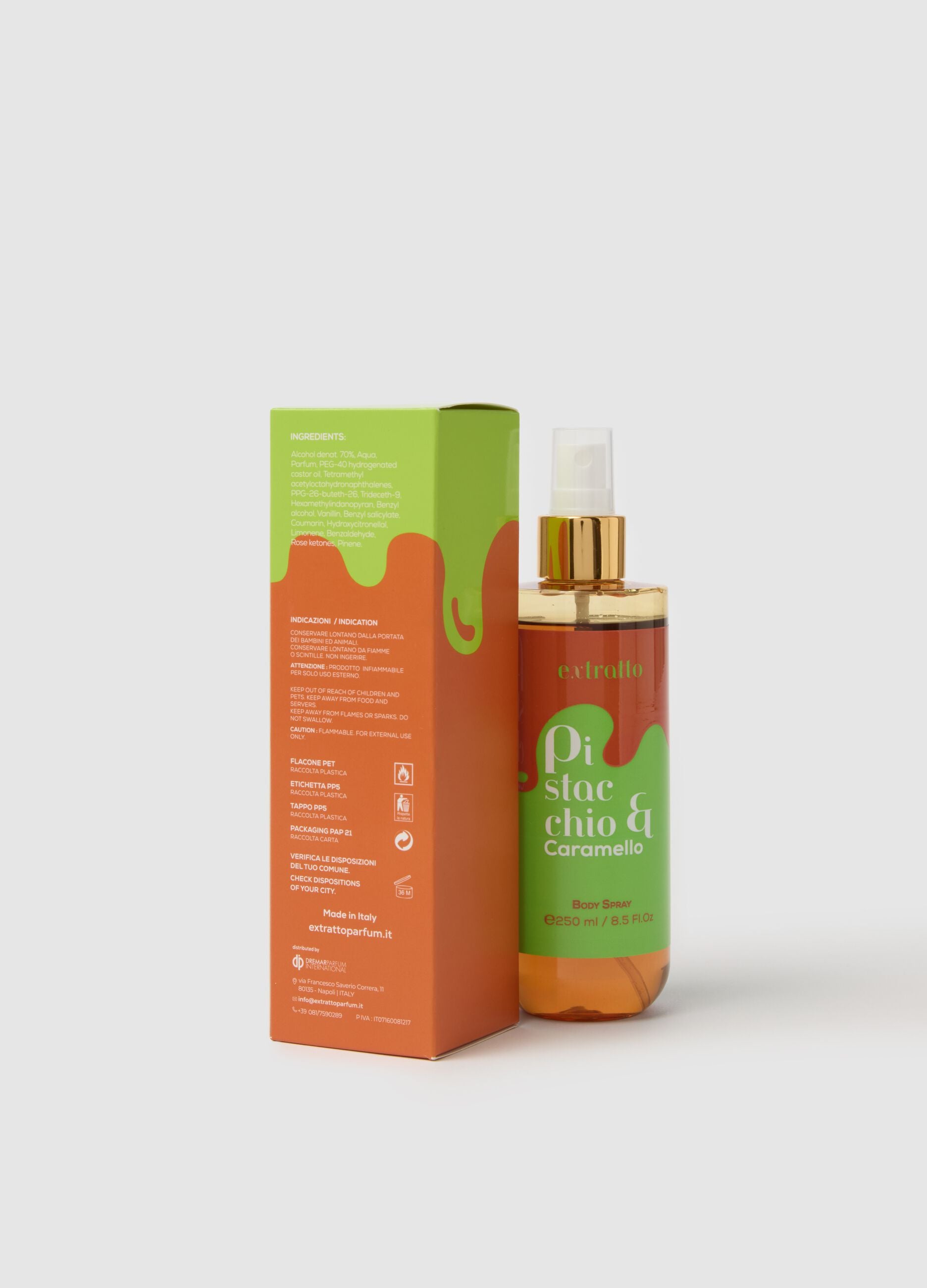Body Spray with pistachio and caramel notes, indulgent and enveloping, sweet and creamy.