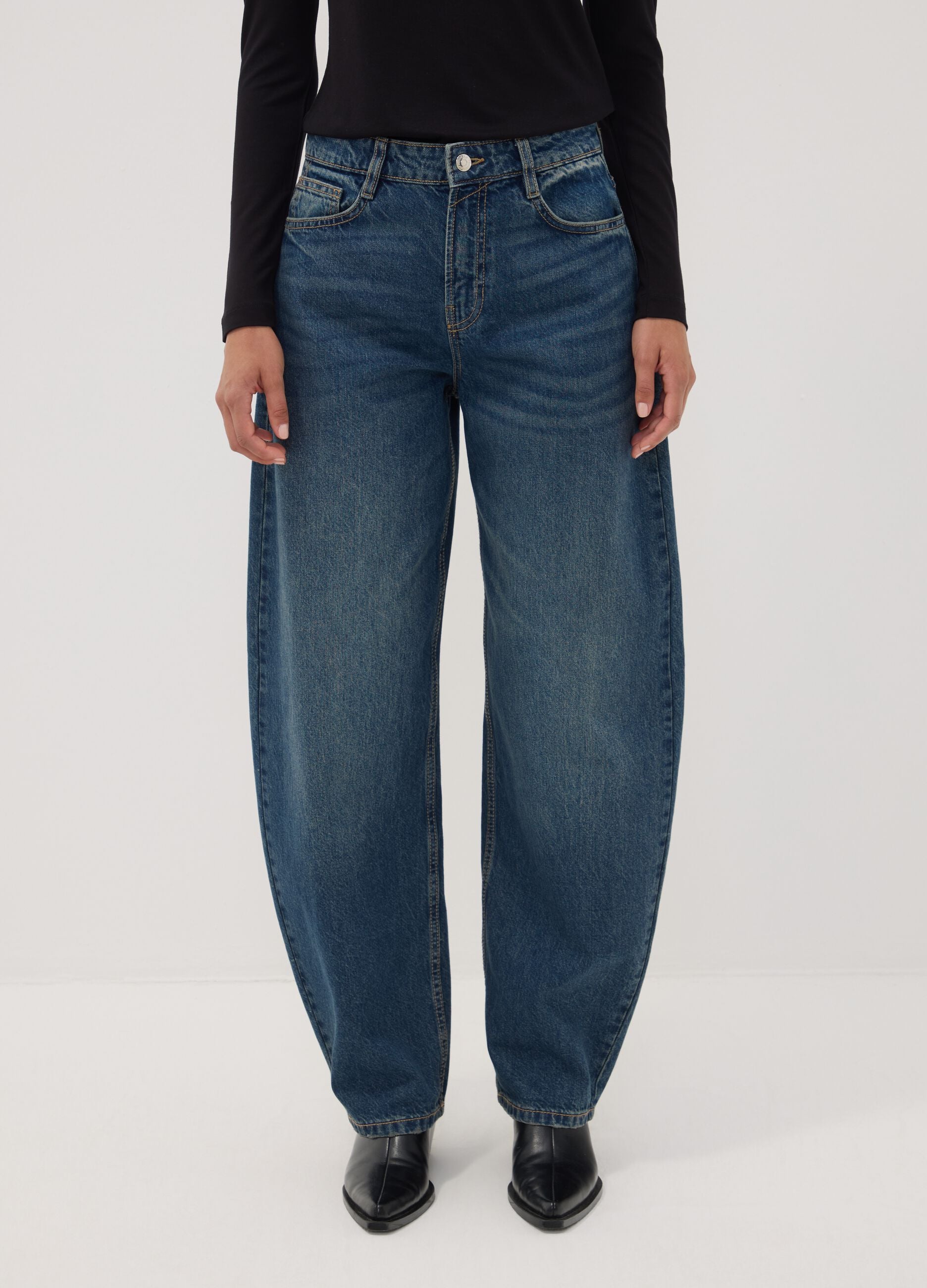 Blue denim pure cotton barrel-fit jeans